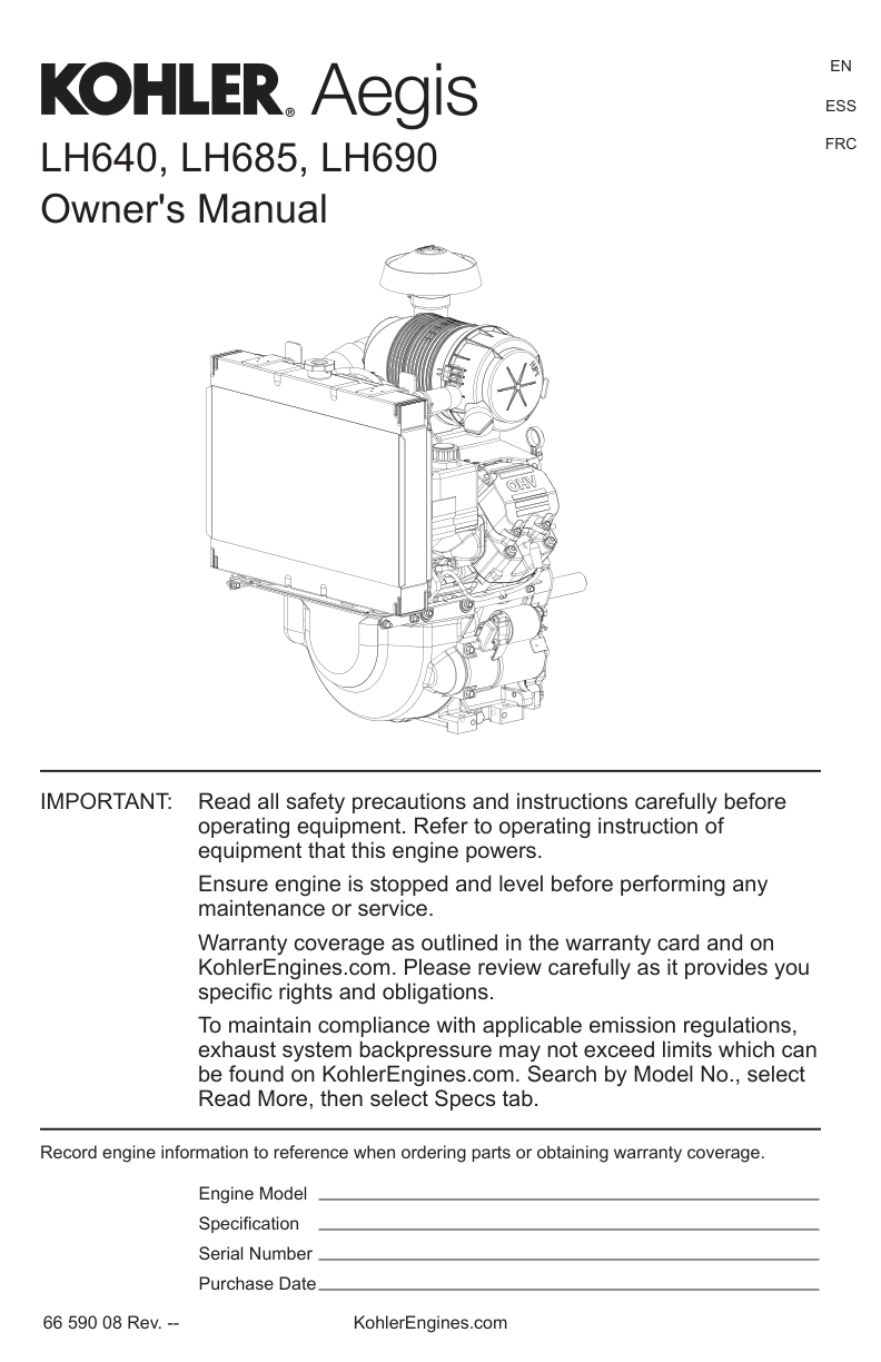 Kohler LH690 AEGIS Operator Owner Manual PDF Instant Download