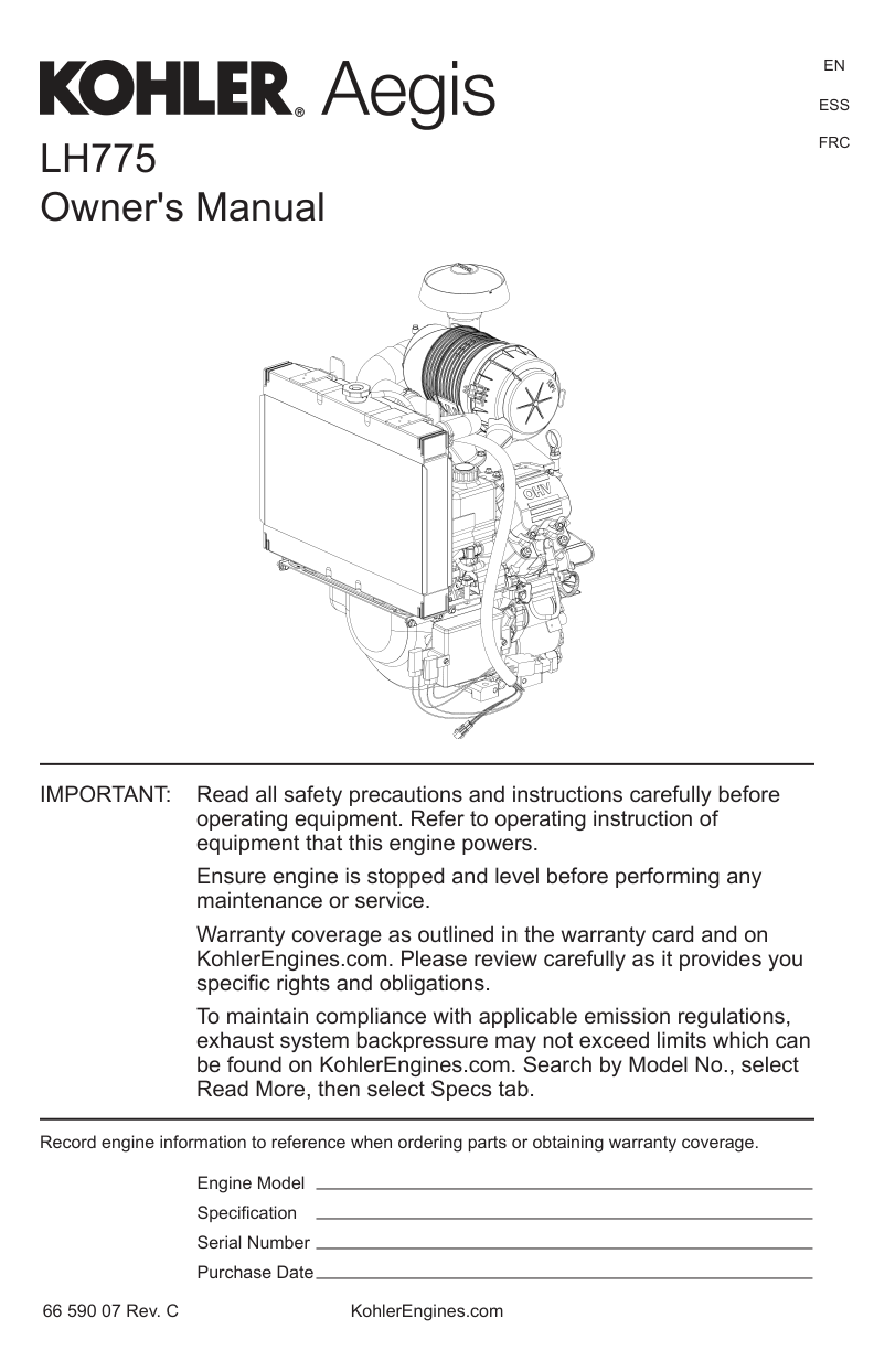 Kohler LH775 AEGIS Operator Owner Manual PDF Instant Download