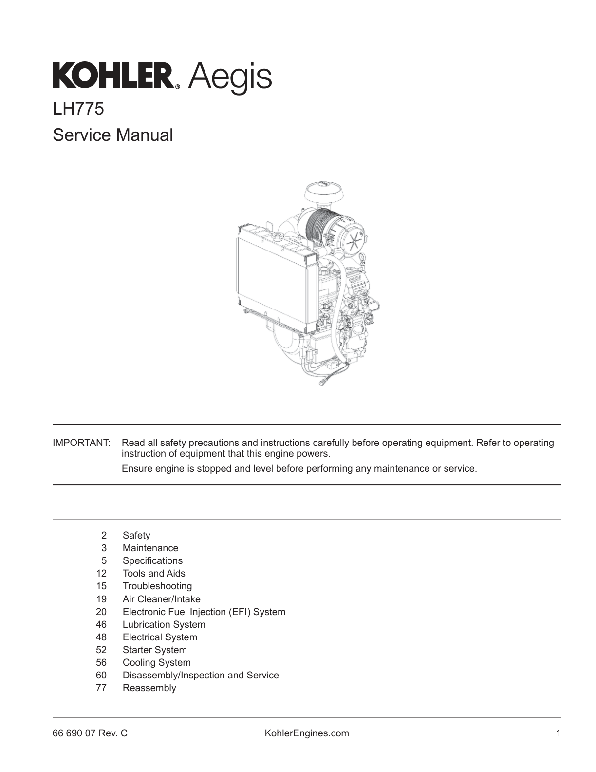 Kohler LH775 AEGIS Service Shop Repair Manual PDF Instant Download