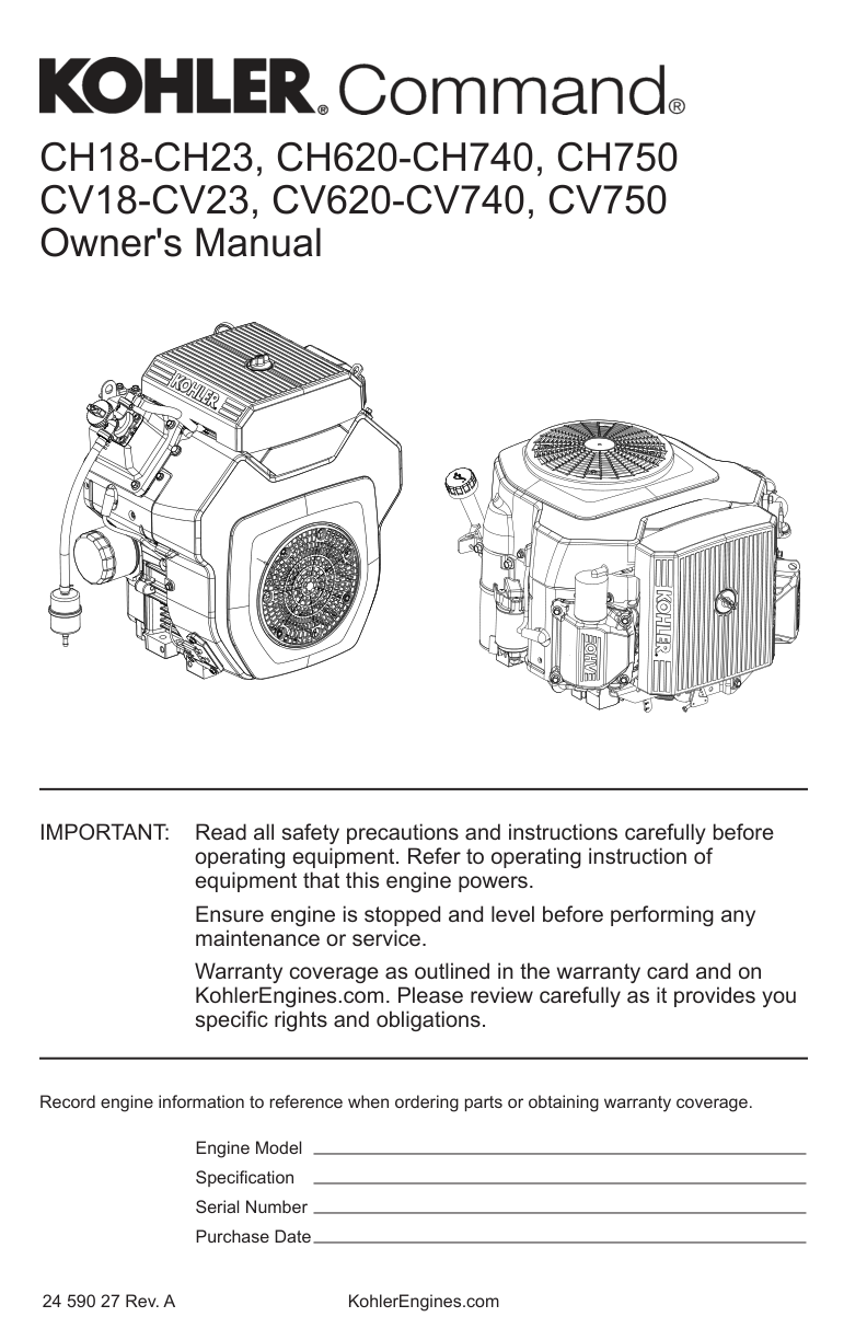 Kohler CH22 COMMAND PRO Operator Owner Manual PDF Instant Download