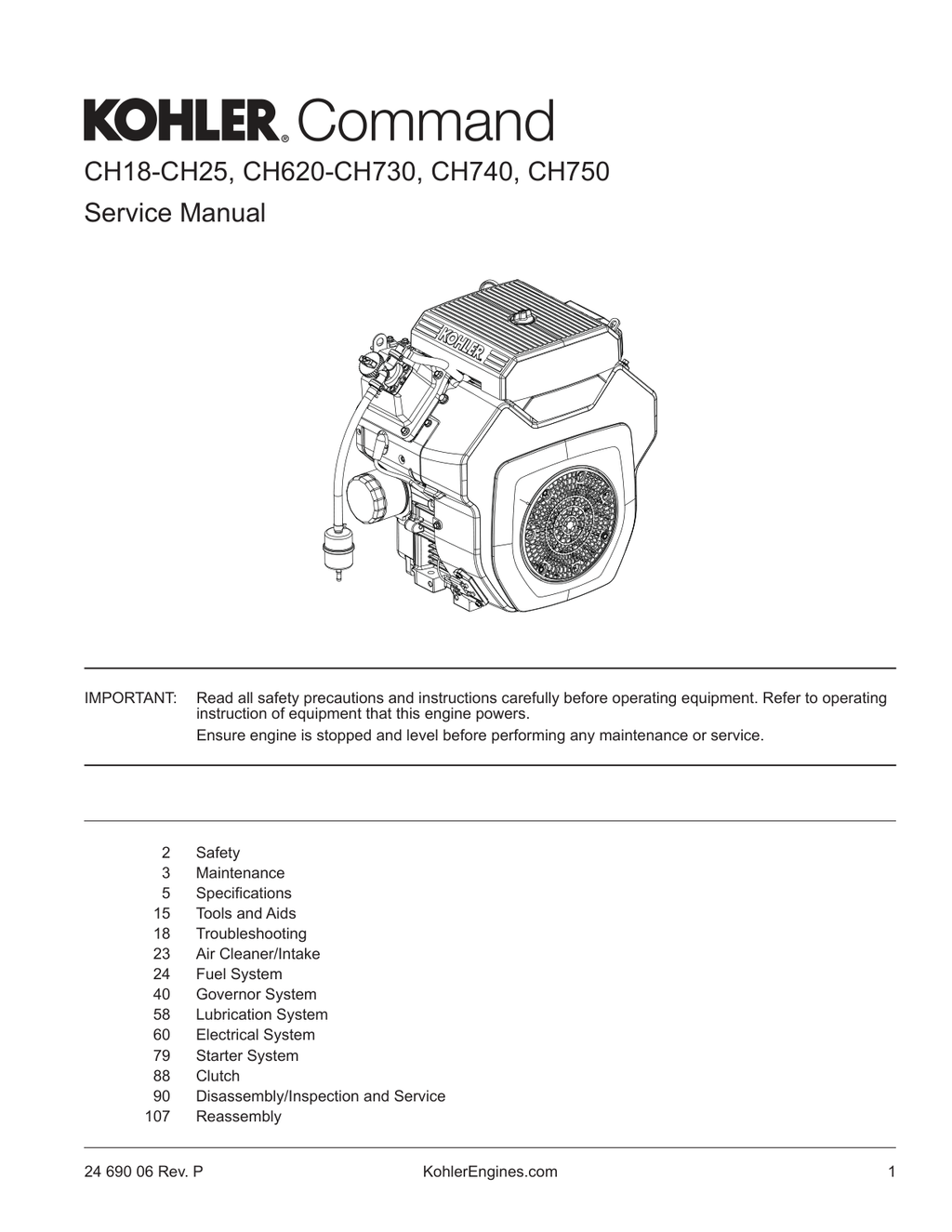 Kohler CH25 COMMAND PRO Service Shop Repair Manual PDF Instant Download