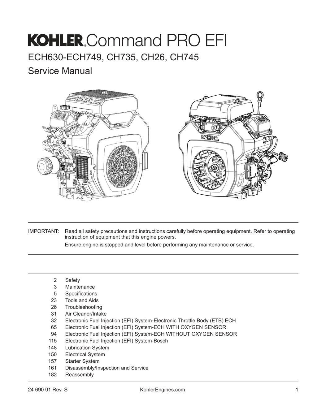 Kohler CH26 COMMAND PRO Service Shop Repair Manual PDF Instant Download