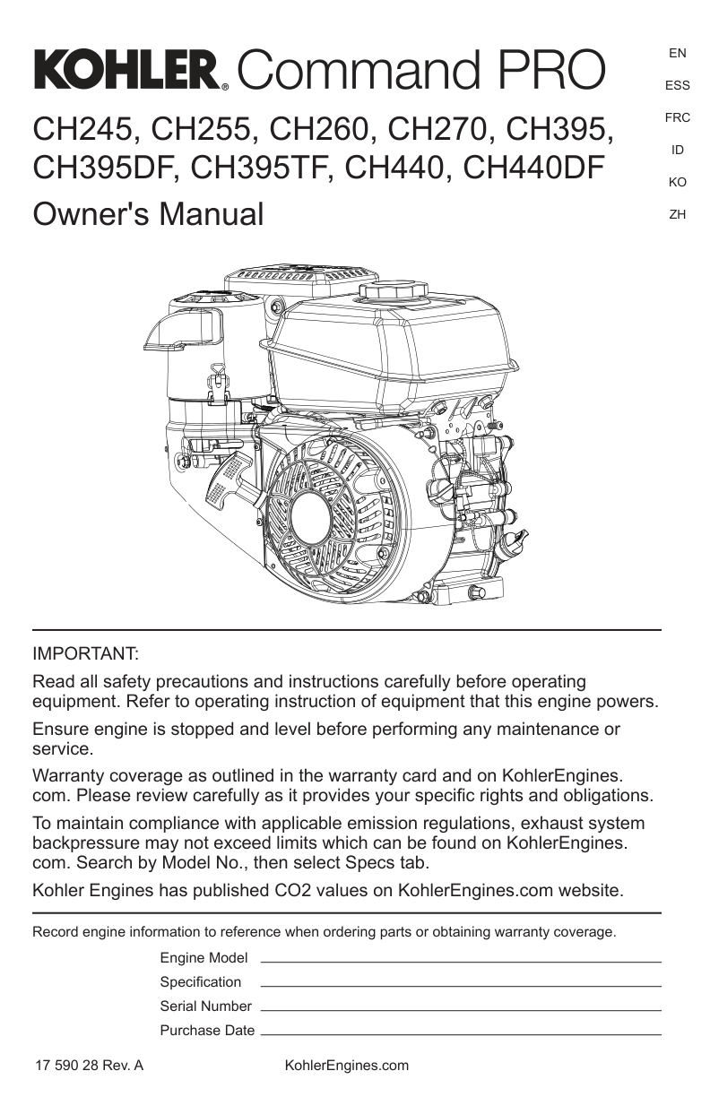 Kohler CH395 COMMAND PRO Operator Owner Manual PDF Instant Download