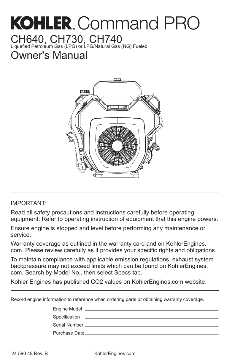 Kohler CH640 COMMAND PRO Operator Owner Manual PDF Instant Download
