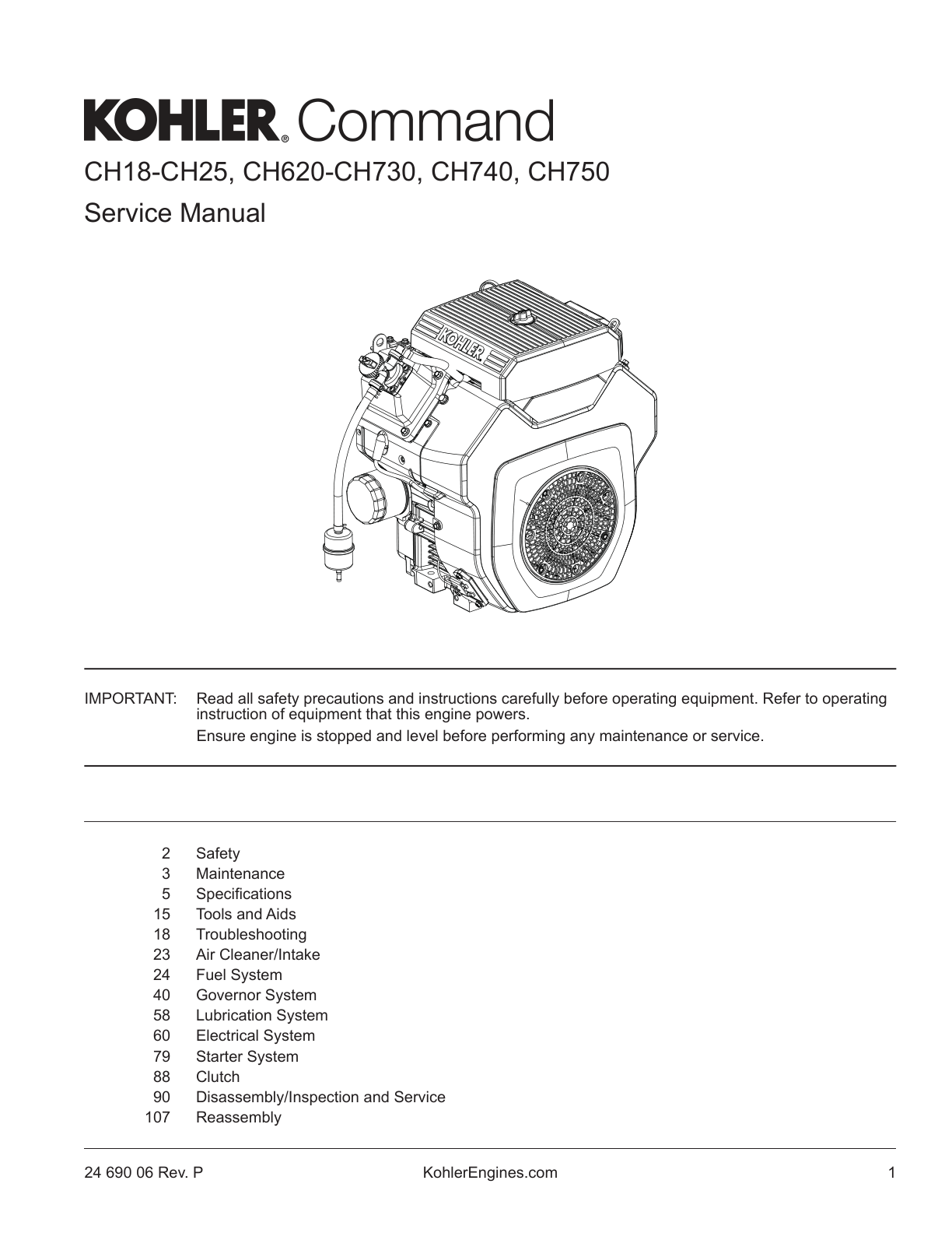 Kohler CH640 COMMAND PRO Service Shop Repair Manual PDF Instant Download