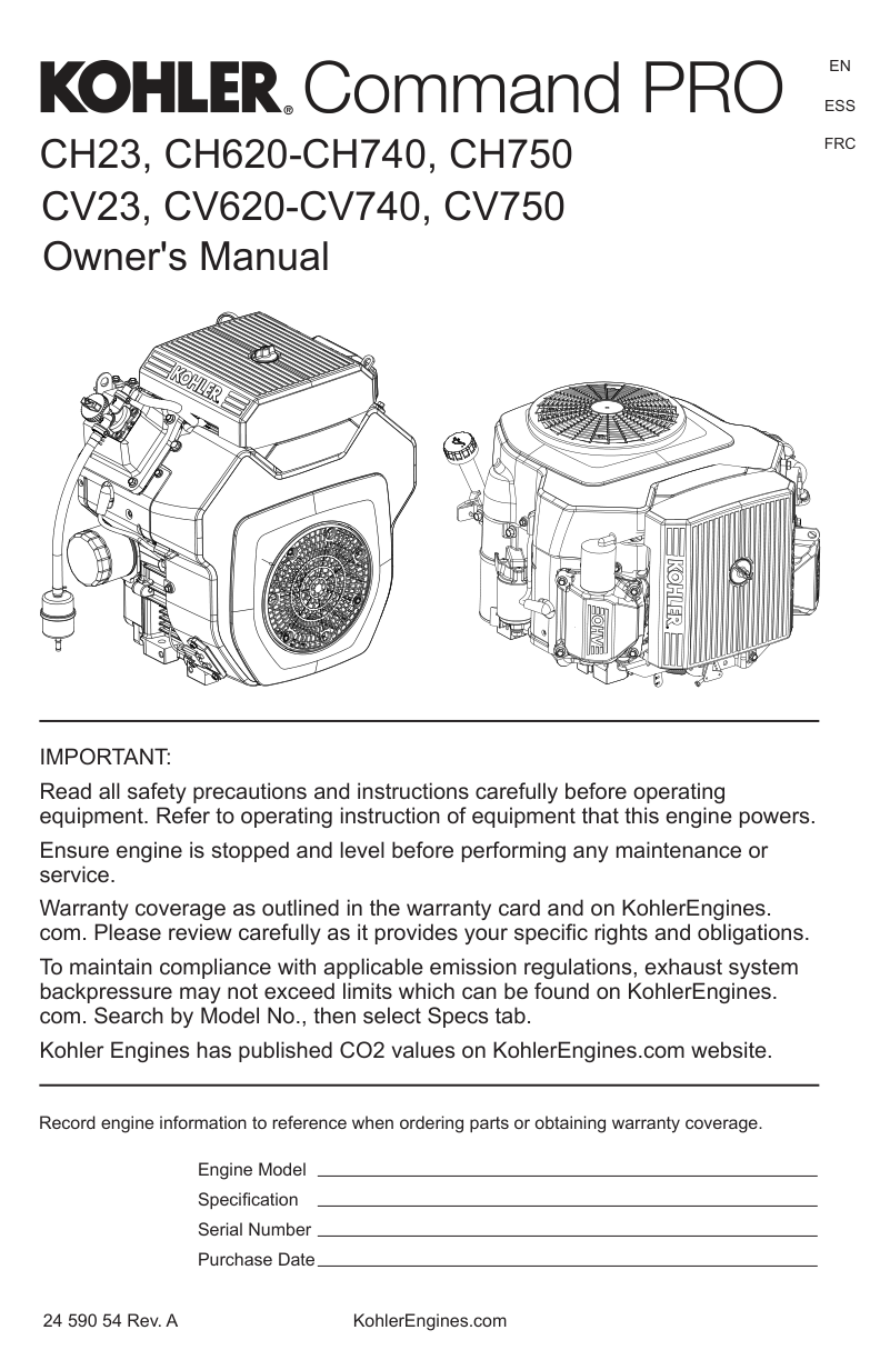 Kohler CH732 COMMAND PRO Operator Owner Manual PDF Instant Download