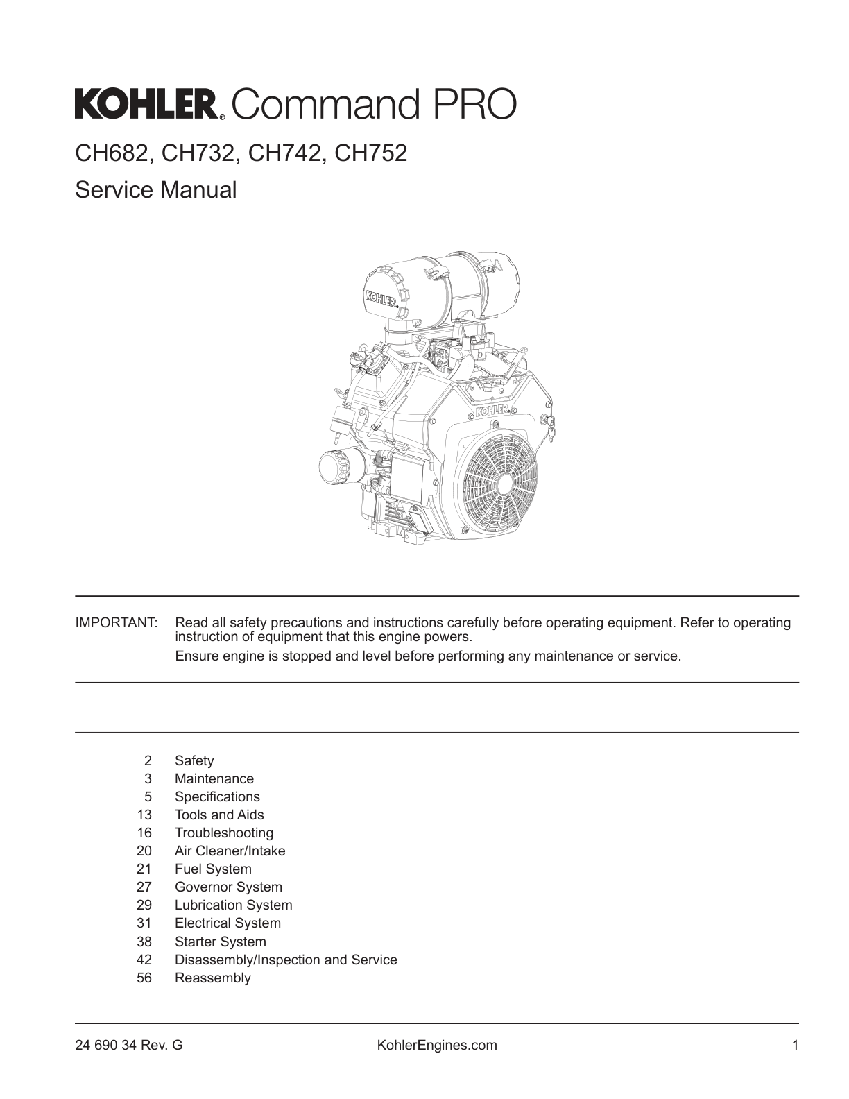 Kohler CH742 COMMAND PRO Service Shop Repair Manual PDF Instant Download