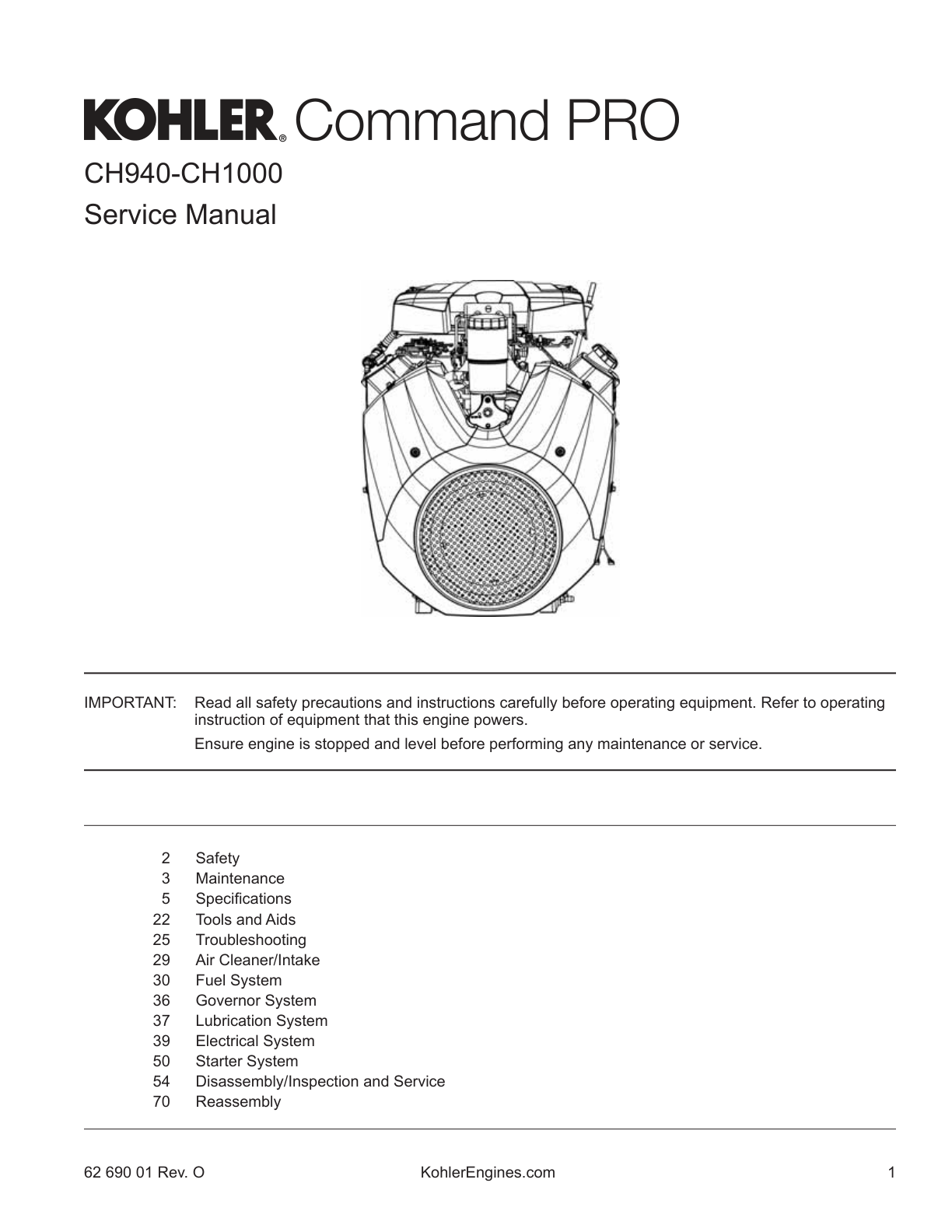 Kohler CH980 COMMAND PRO Service Shop Repair Manual PDF Instant Download