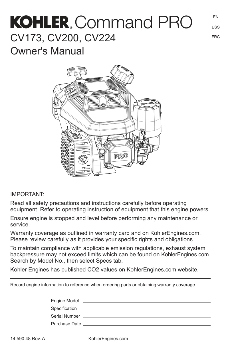 Kohler CV173 COMMAND PRO Operator Owner Manual PDF Instant Download