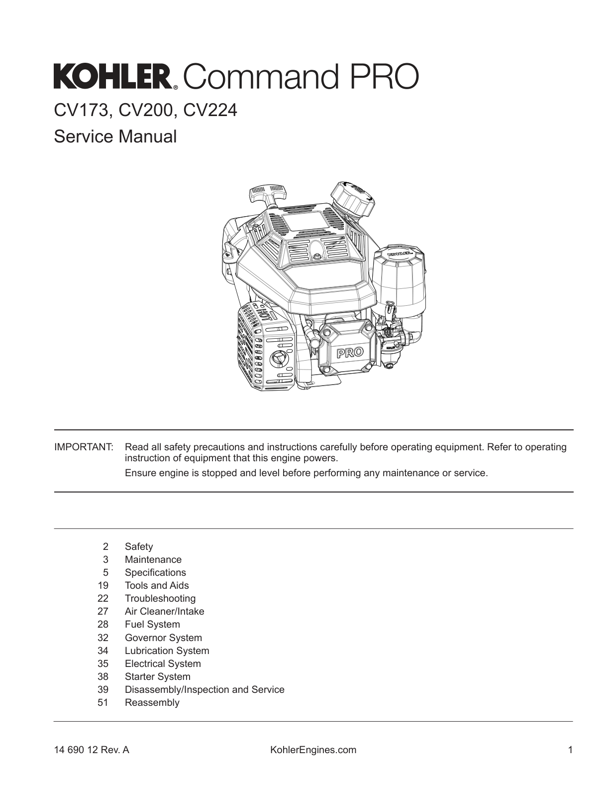 Kohler CV173 COMMAND PRO Service Shop Repair Manual PDF Instant Download