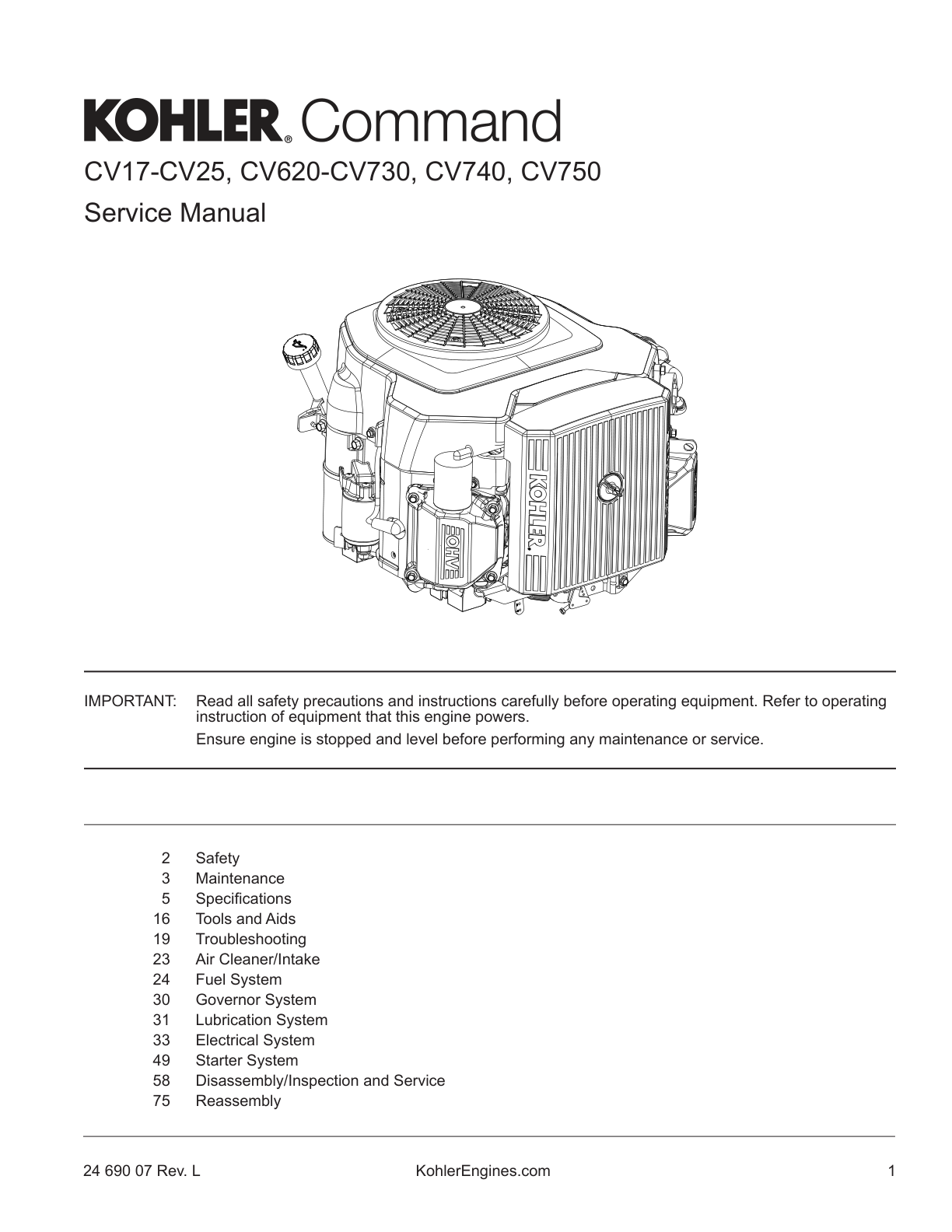 Kohler CV750 COMMAND PRO Service Shop Repair Manual PDF Instant Download
