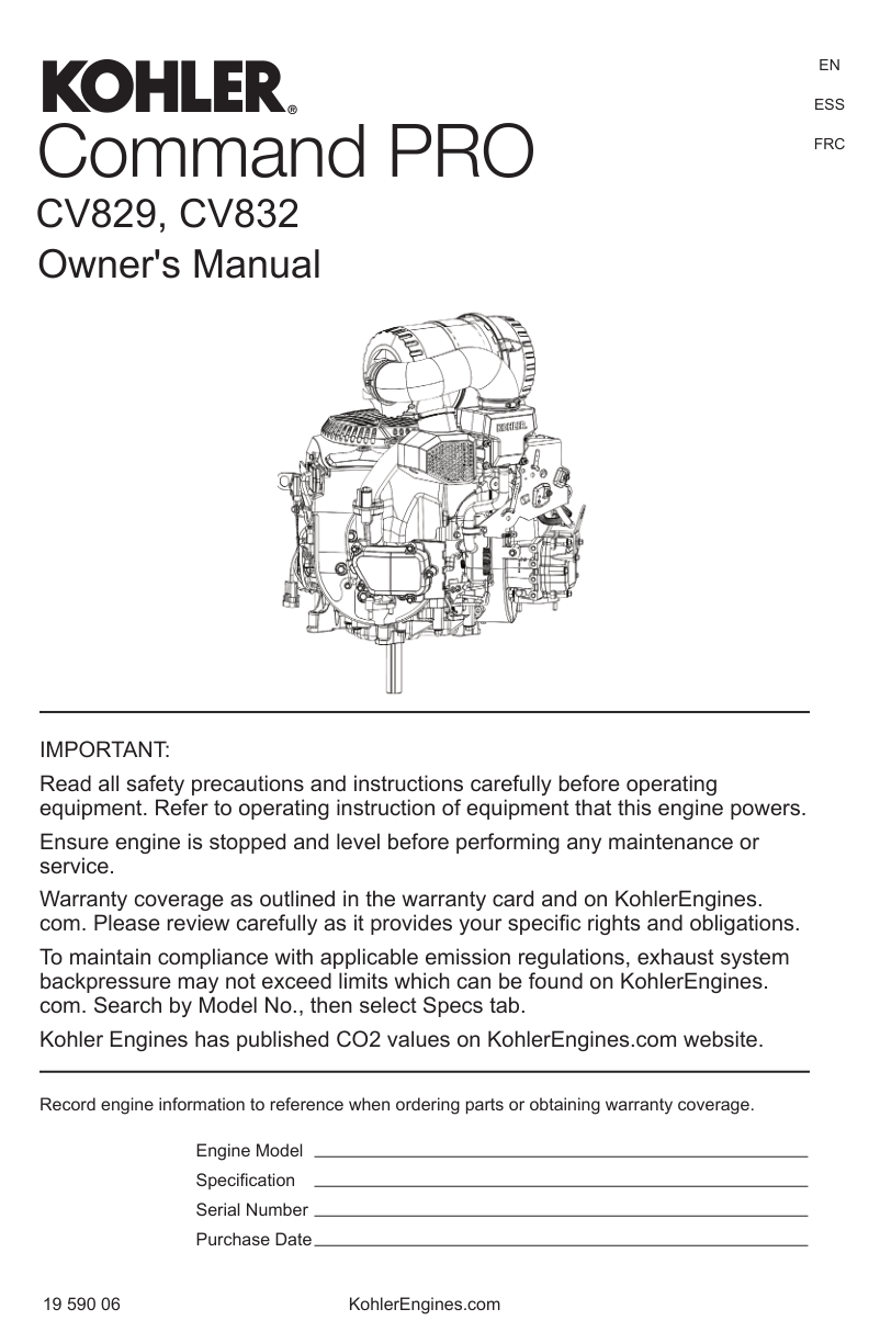 Kohler CV832 COMMAND PRO Operator Owner Manual PDF Instant Download
