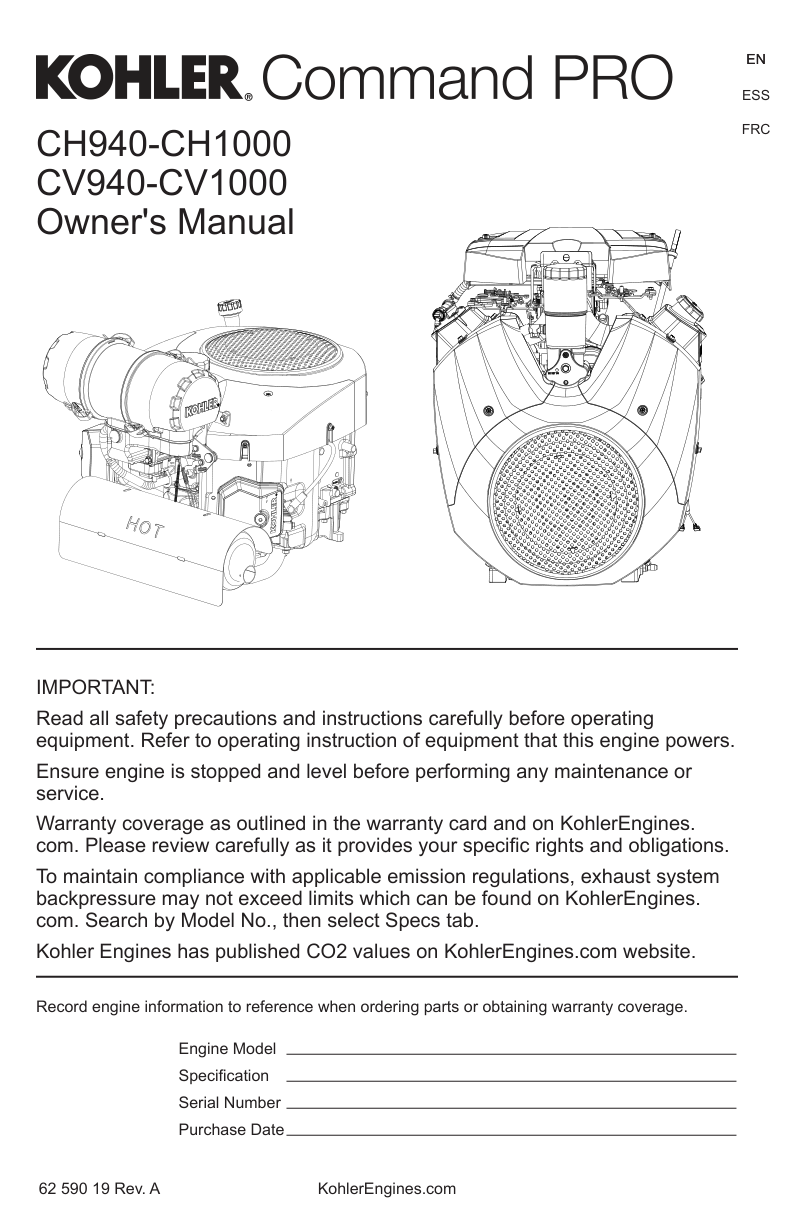 Kohler CV960 COMMAND PRO Operator Owner Manual PDF Instant Download