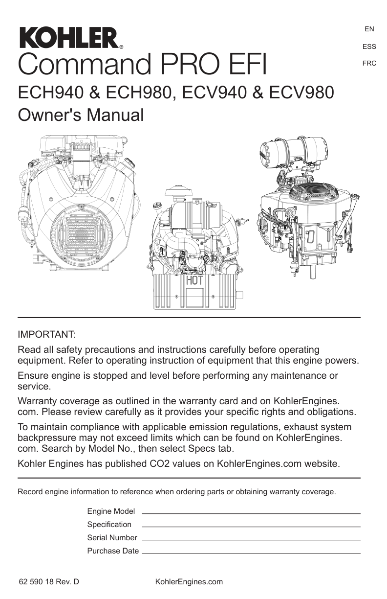 Kohler ECH980 COMMAND PRO EFI Operator Owner Manual PDF Instant Download
