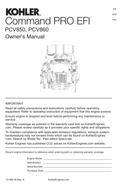Kohler PCV850 COMMAND PRO EFI Operator Owner Manual PDF Instant Download