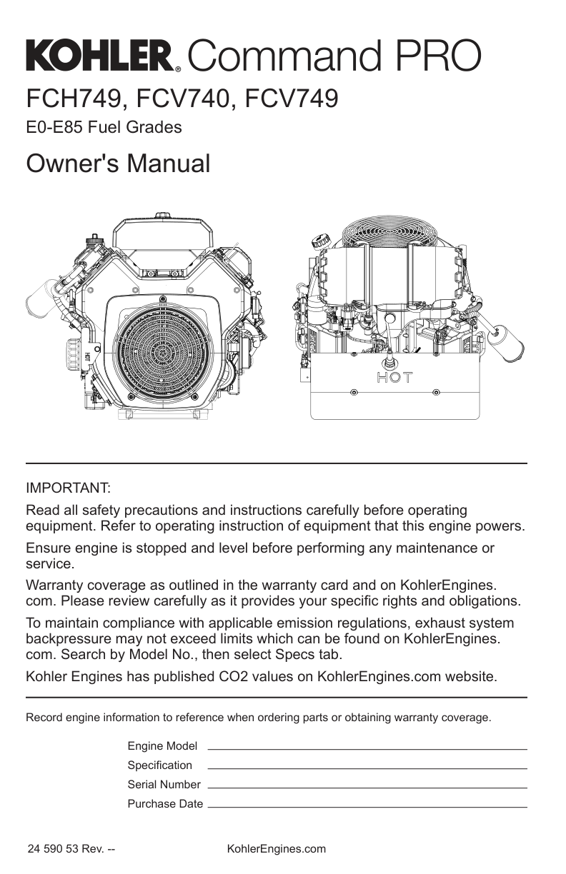 Kohler FCV740 COMMAND PRO Operator Owner Manual PDF Instant Download