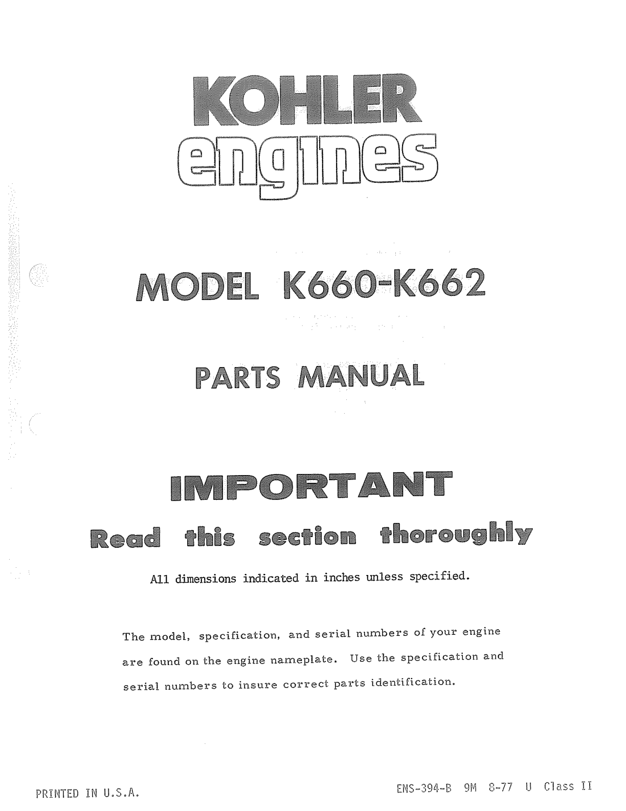 Kohler K662 K SERIES Parts Manual PDF Instant Download
