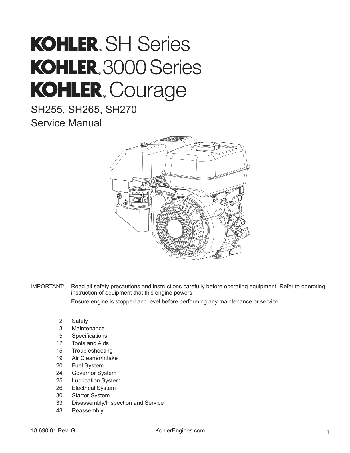 Kohler SH255 SH SERIES Service Shop Repair Manual PDF Instant Download
