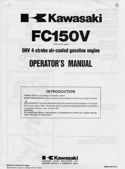 Kawasaki FC150V Engine Manual FC Series Service Repair Shop Parts Owner Operator Instant Download