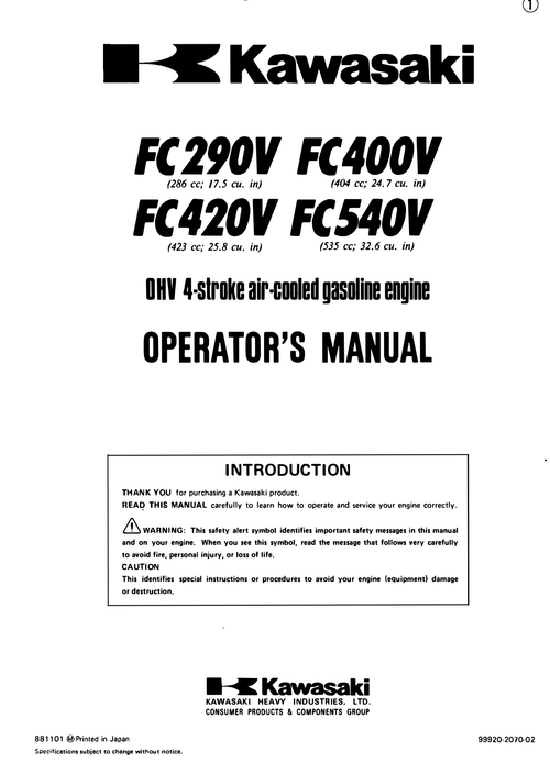 Kawasaki FC290V Engine Manual FC Series Service Repair Shop Parts Owner Operator Instant Download