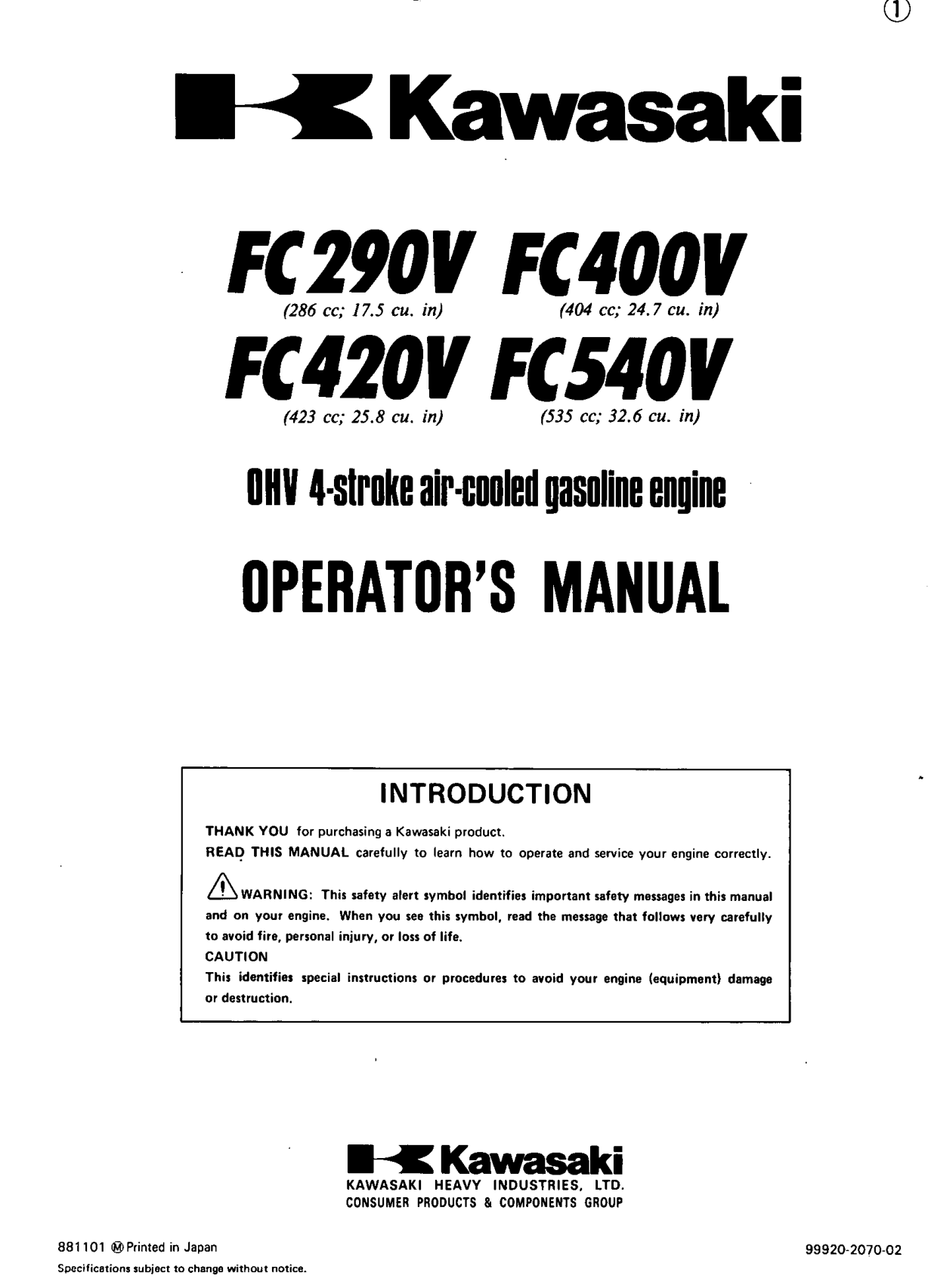 Kawasaki FC401V Engine Manual FC Series Service Repair Shop Parts Owner Operator Instant Download