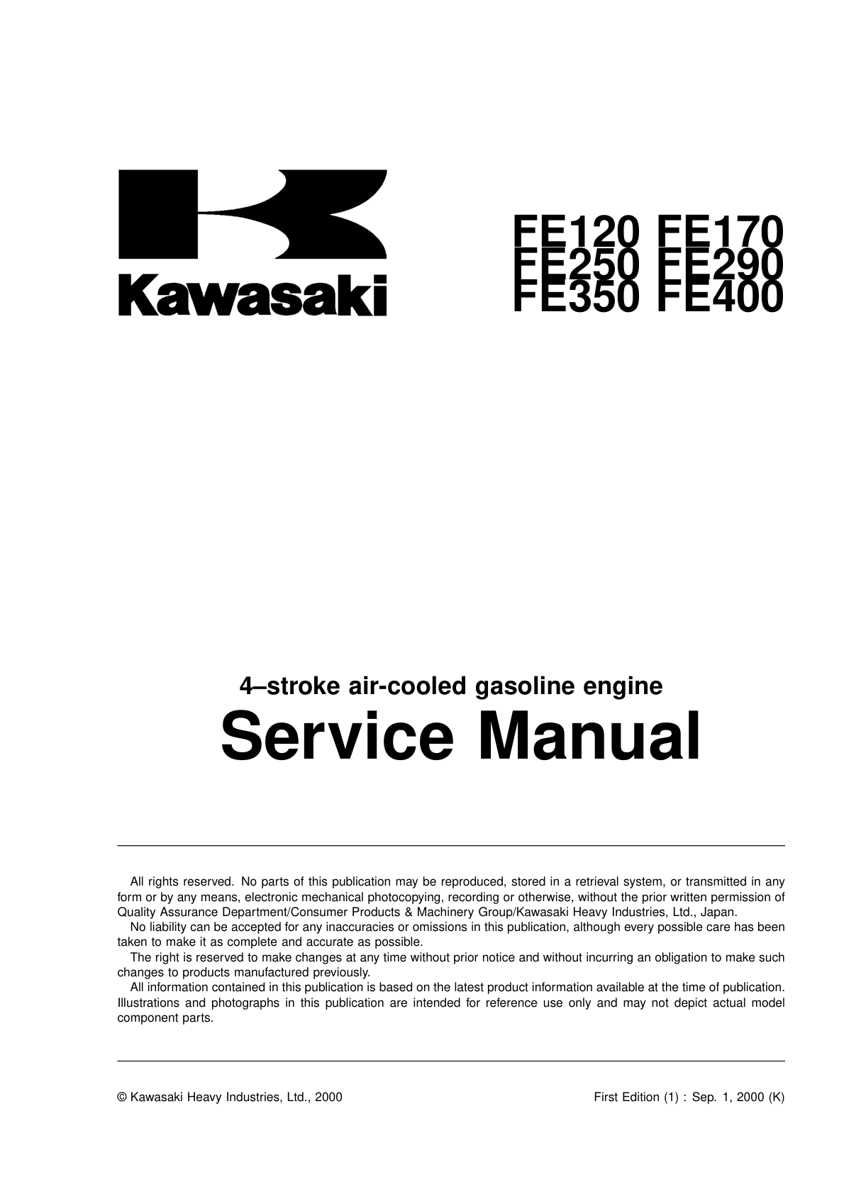 Kawasaki FE290G Engine Manual FE Series Service Repair Shop Parts Owner Operator Instant Download