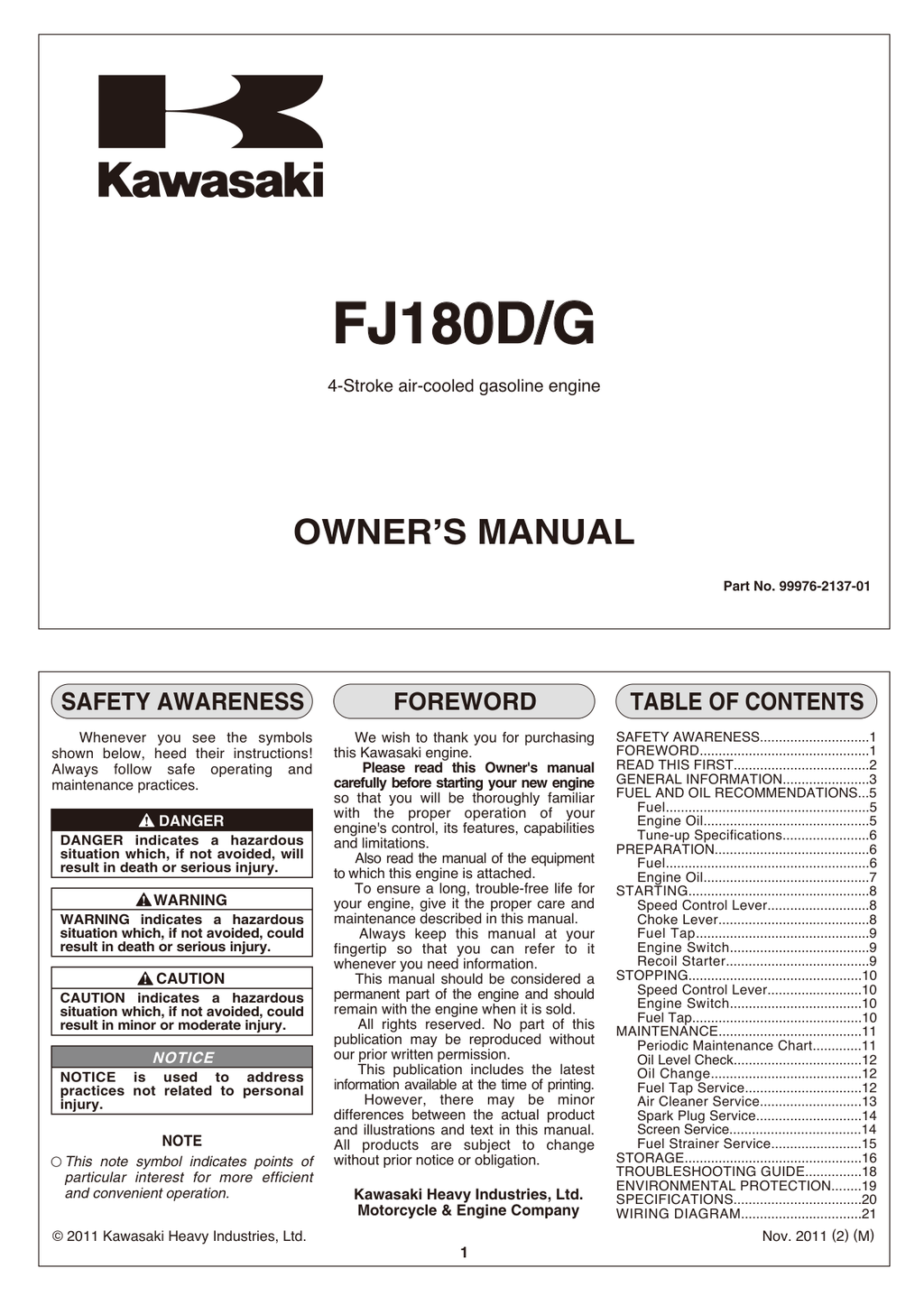 Kawasaki FJ180G Engine Manual FJ Series Service Repair Shop Parts Owner Operator Instant Download