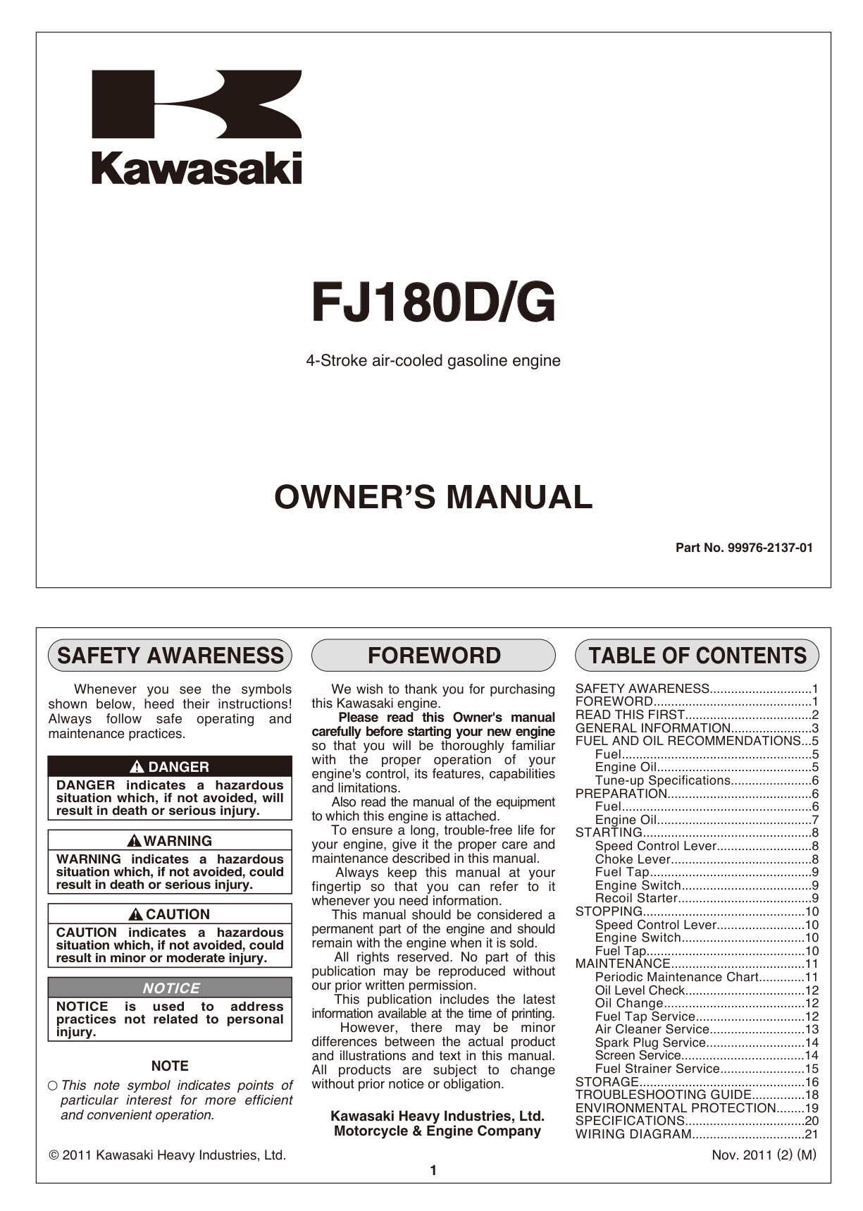 Kawasaki FJ180G Engine Manual FJ Series Service Repair Shop Parts Owner Operator Instant Download