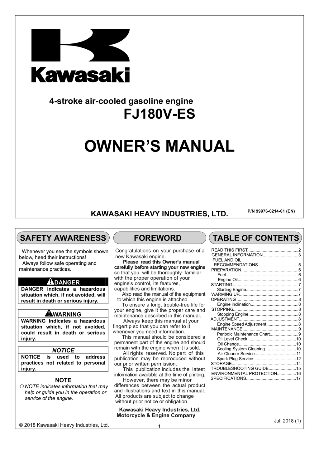 Kawasaki FJ180V Engine Manual FJ Series Service Repair Shop Parts Owner Operator Instant Download