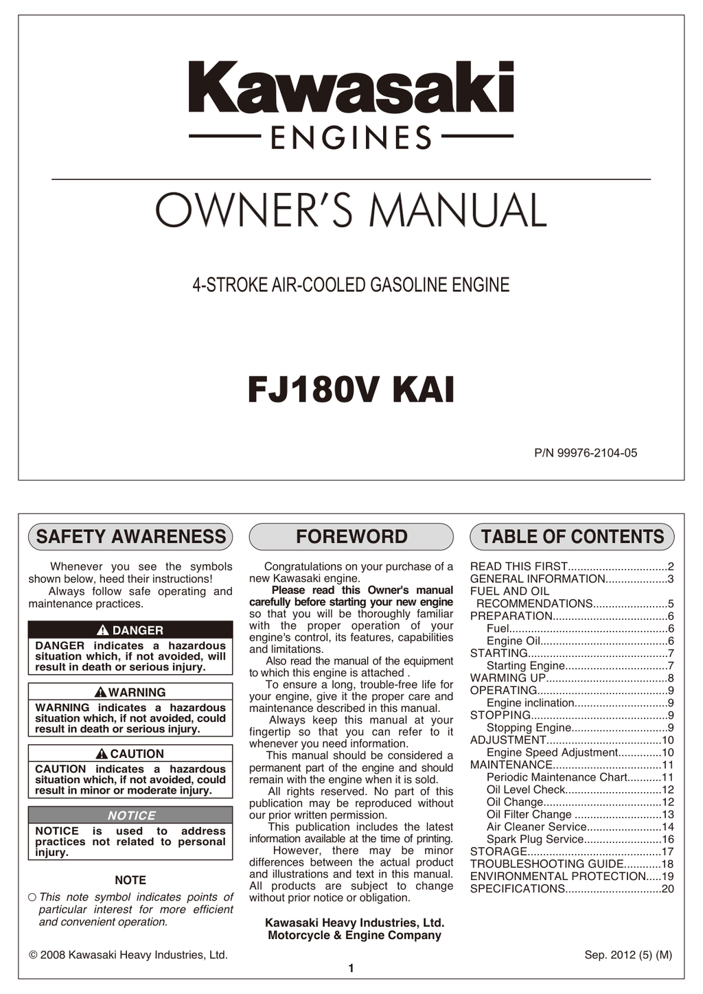 Kawasaki FJ180V Engine Manual FJ Series Service Repair Shop Parts Owner Operator Instant Download