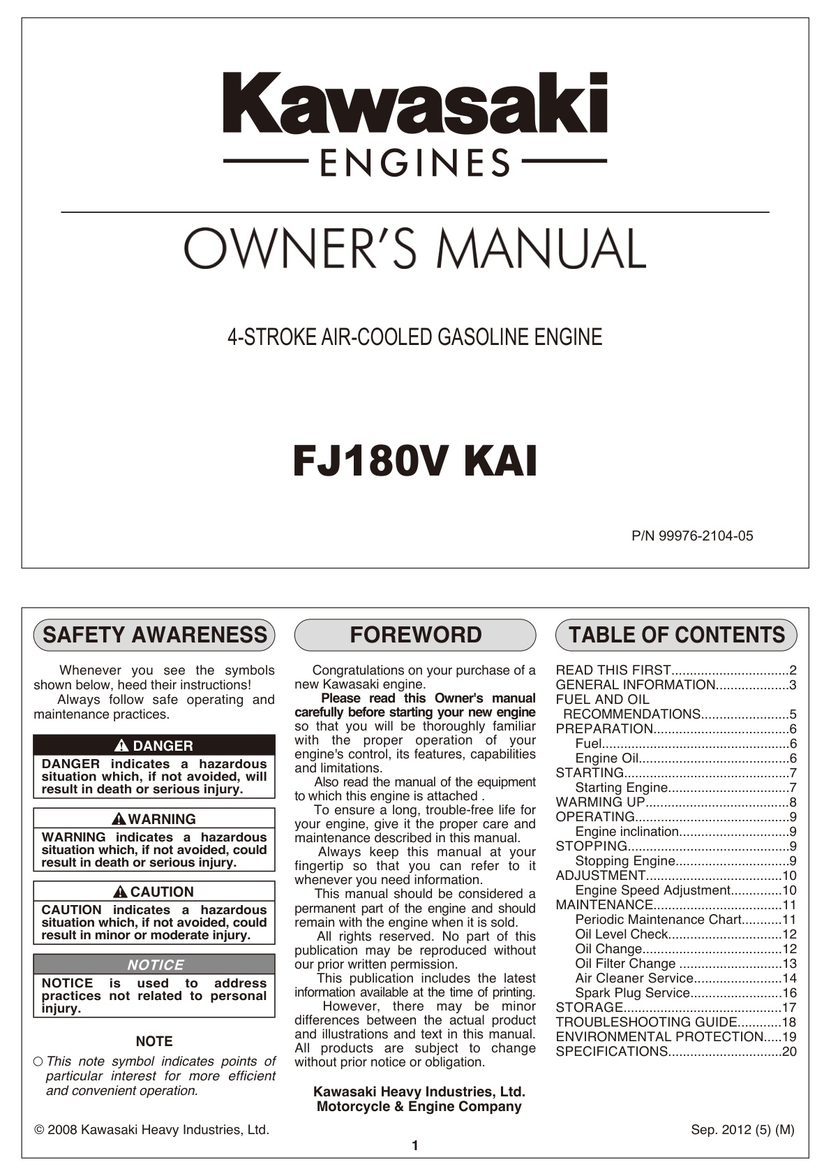 Kawasaki FJ180V Engine Manual FJ Series Service Repair Shop Parts Owner Operator Instant Download