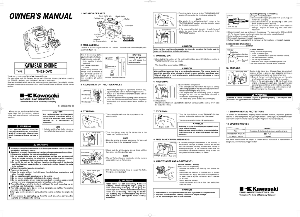 Kawasaki TH023V Engine Manual TH Series Service Repair Shop Parts Owner Operator Instant Download