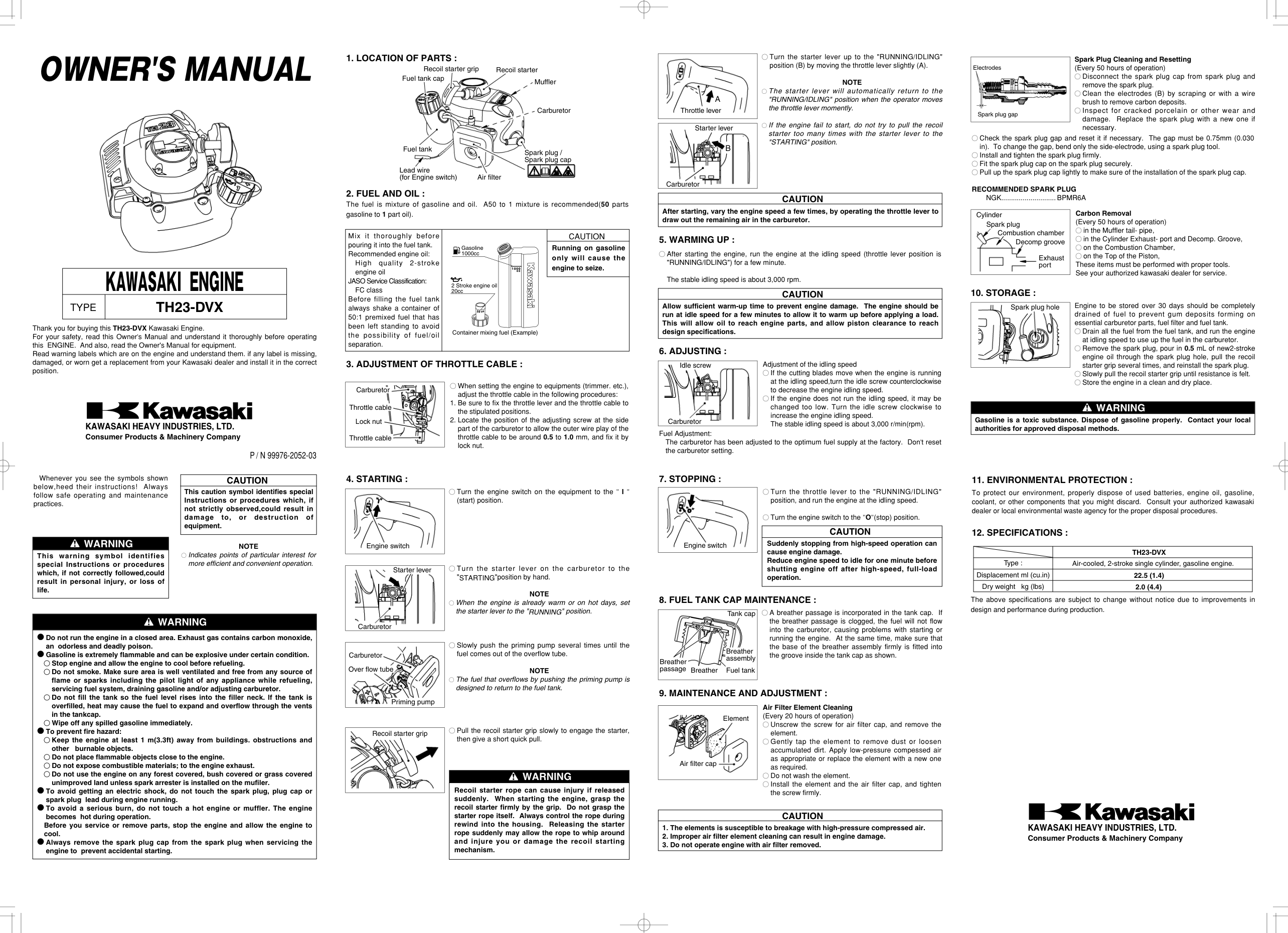 Kawasaki TH023V Engine Manual TH Series Service Repair Shop Parts Owner Operator Instant Download