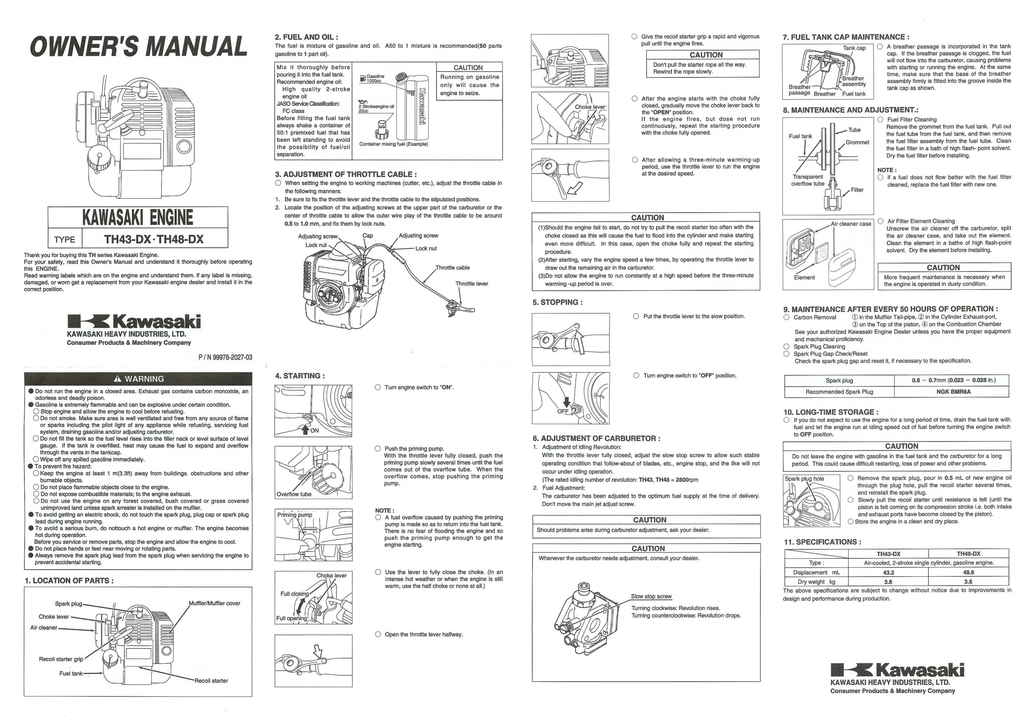 Kawasaki TH043D Engine Manual TH Series Service Repair Shop Parts Owner Operator Instant Download