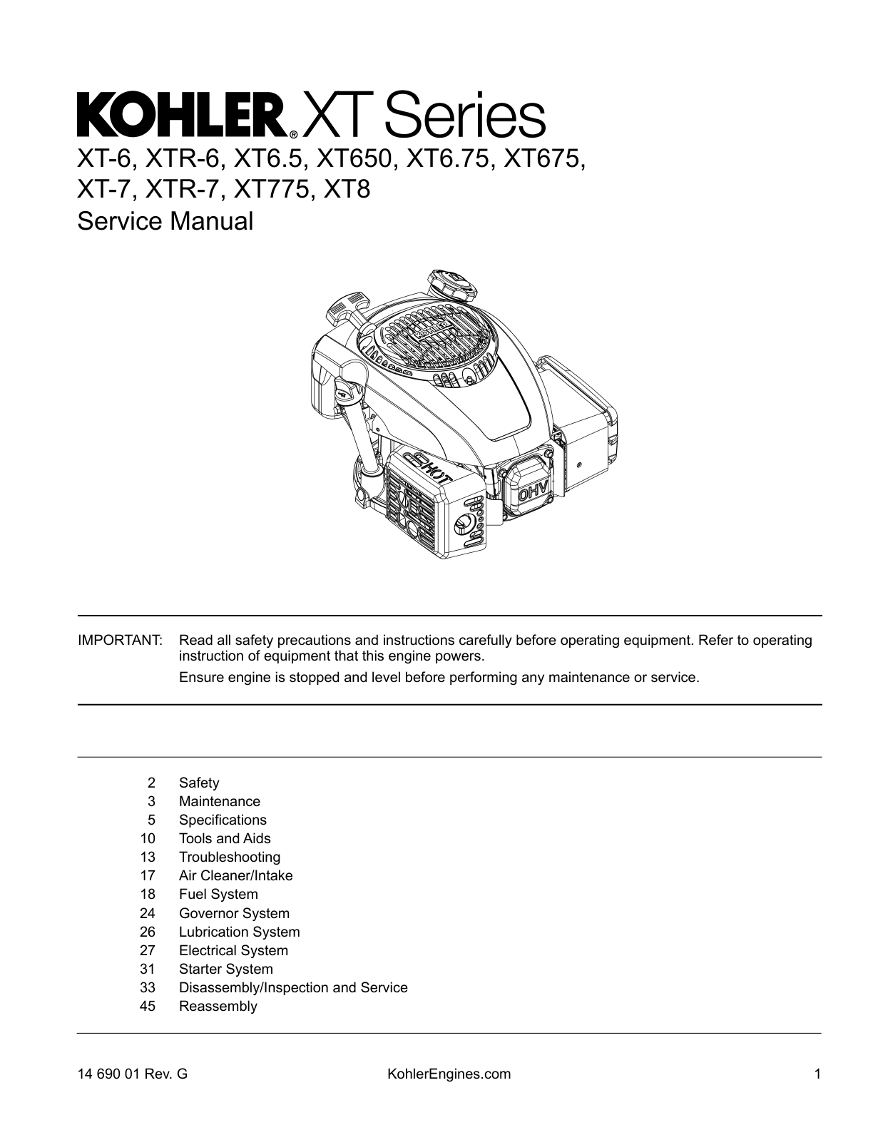 Kohler COURAGE XT6.5 Engine Manual COURAGE XT Service Repair Shop Parts Owner Operator Instant Download