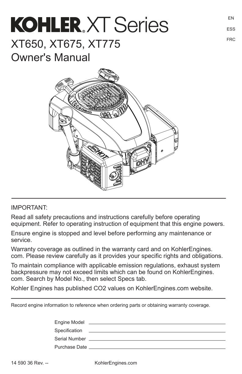 Kohler COURAGE XT675 Engine Manual COURAGE XT Service Repair Shop Parts Owner Operator Instant Download
