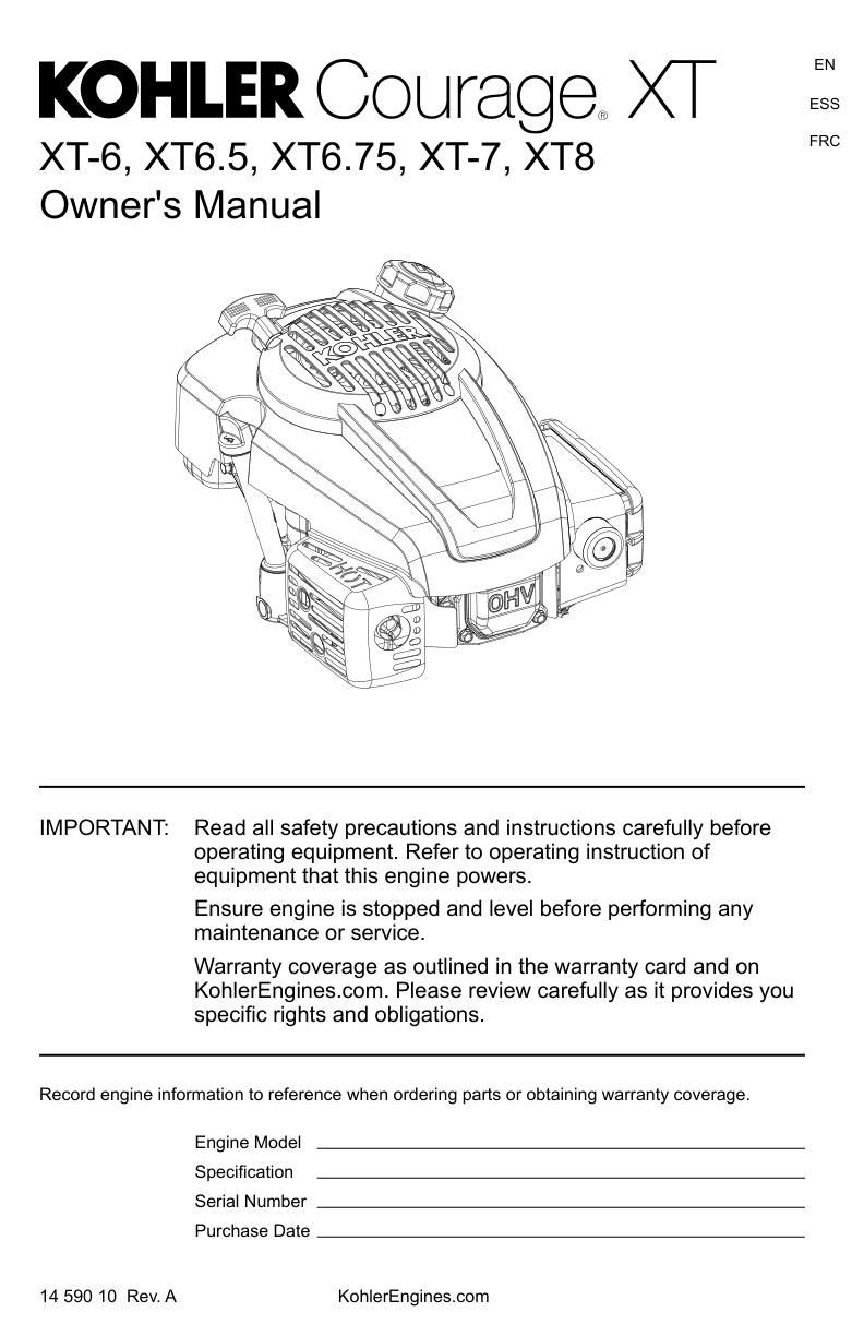 Kohler COURAGE XT8 Engine Manual COURAGE XT Service Repair Shop Parts Owner Operator Instant Download