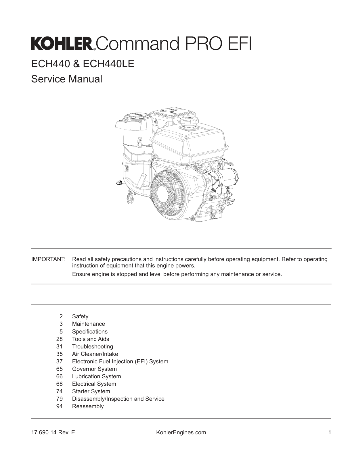 Kohler ECH440LE Engine Manual COMMAND PRO EFI Service Repair Shop Parts Owner Operator Instant Download