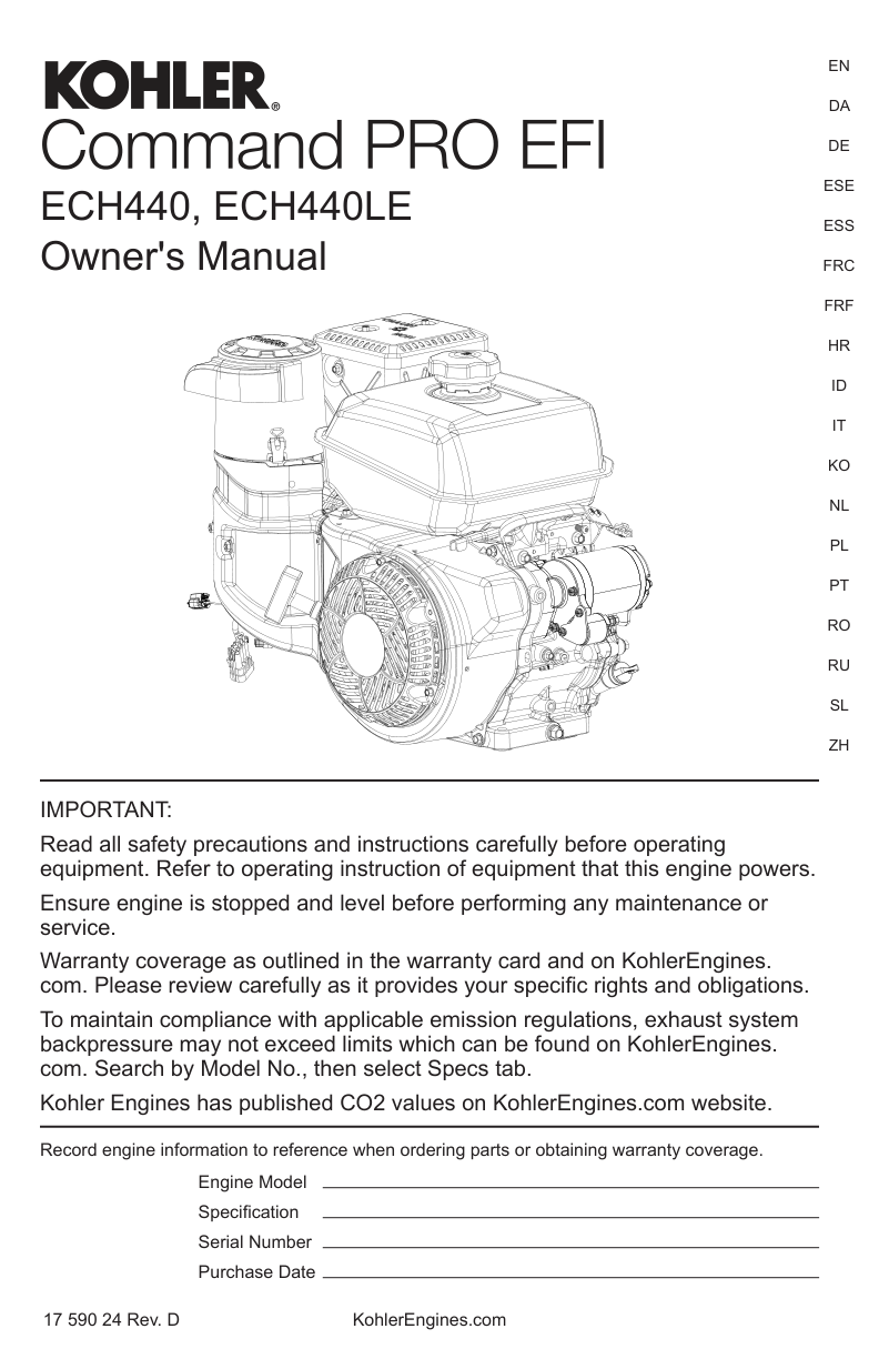 Kohler ECH440LE Engine Manual COMMAND PRO EFI Service Repair Shop Parts Owner Operator Instant Download