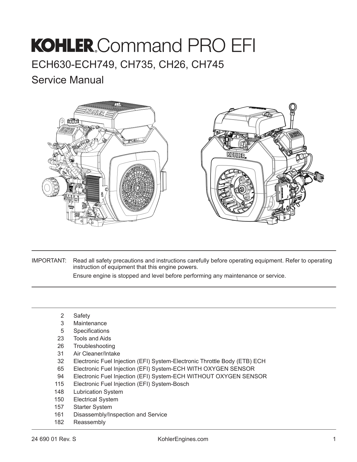Kohler ECH740 Engine Manual COMMAND PRO EFI Service Repair Shop Parts Owner Operator Instant Download