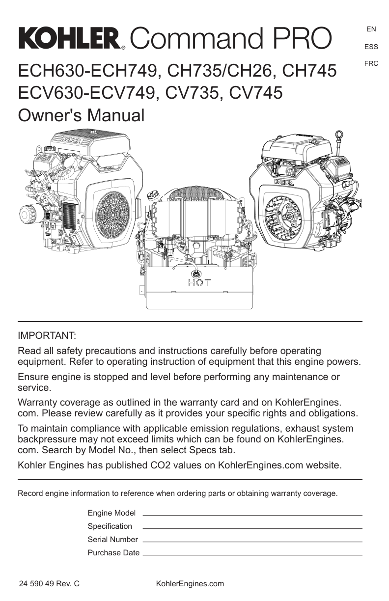 Kohler ECH749 Engine Manual COMMAND PRO EFI Service Repair Shop Parts Owner Operator Instant Download