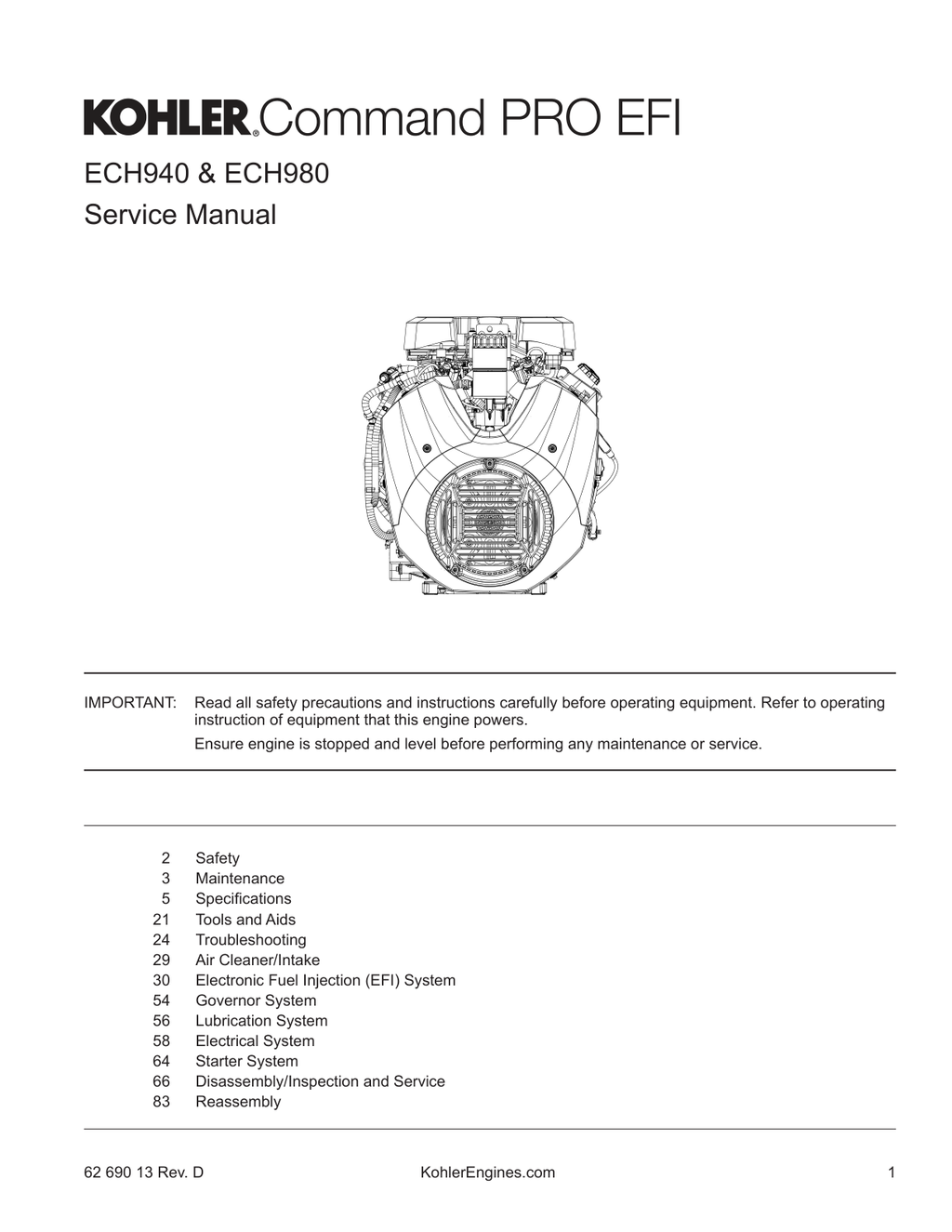 Kohler ECH940 Engine Manual COMMAND PRO EFI Service Repair Shop Parts Owner Operator Instant Download