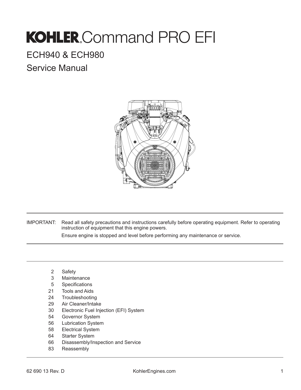 Kohler ECH980 Engine Manual COMMAND PRO EFI Service Repair Shop Parts Owner Operator Instant Download