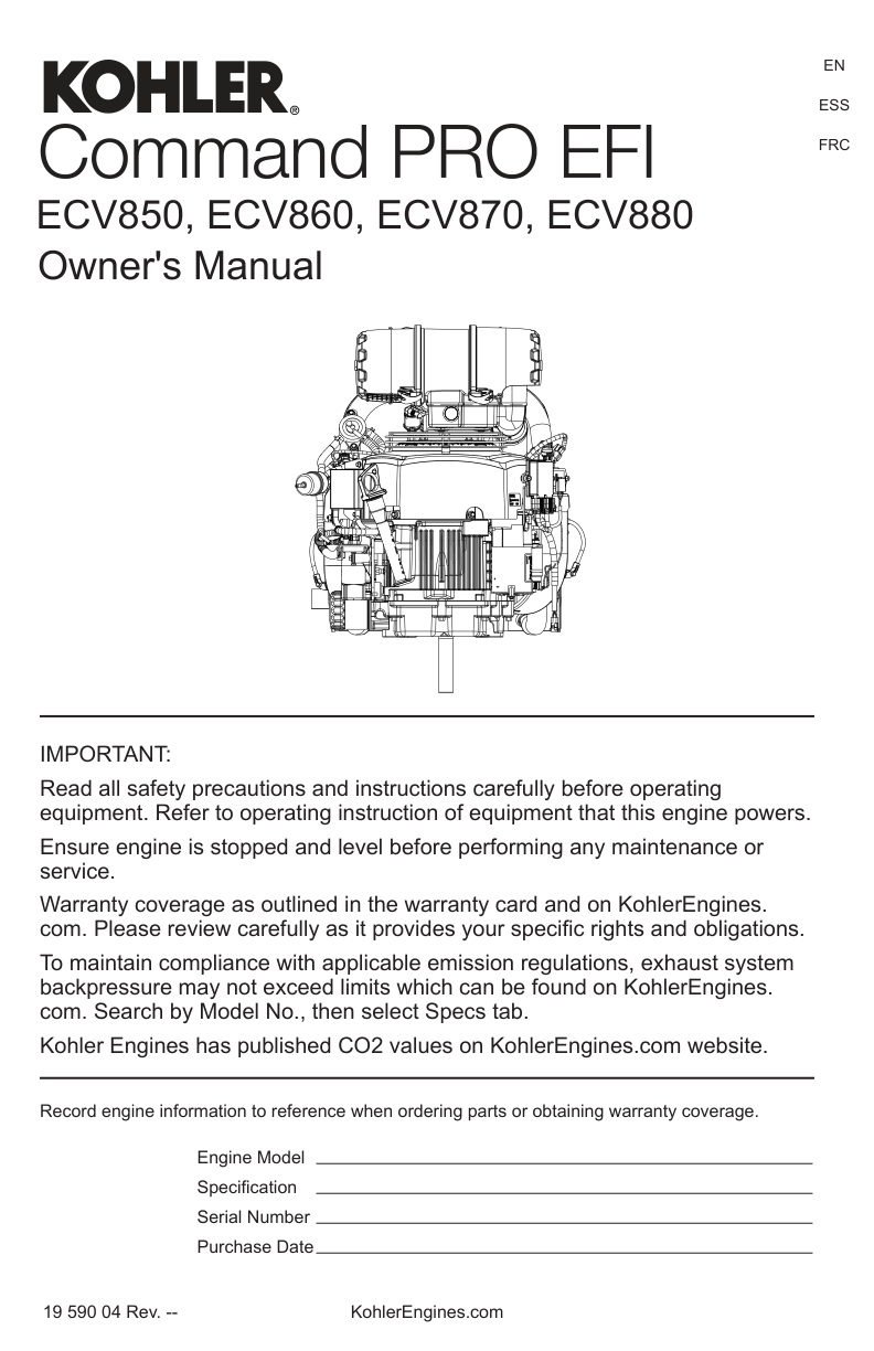 Kohler ECV850 Engine Manual COMMAND PRO EFI Service Repair Shop Parts Owner Operator Instant Download