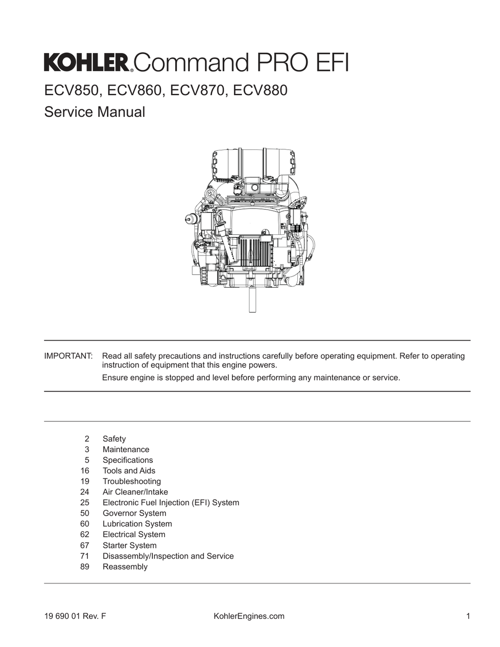Kohler ECV850 Engine Manual COMMAND PRO EFI Service Repair Shop Parts Owner Operator Instant Download