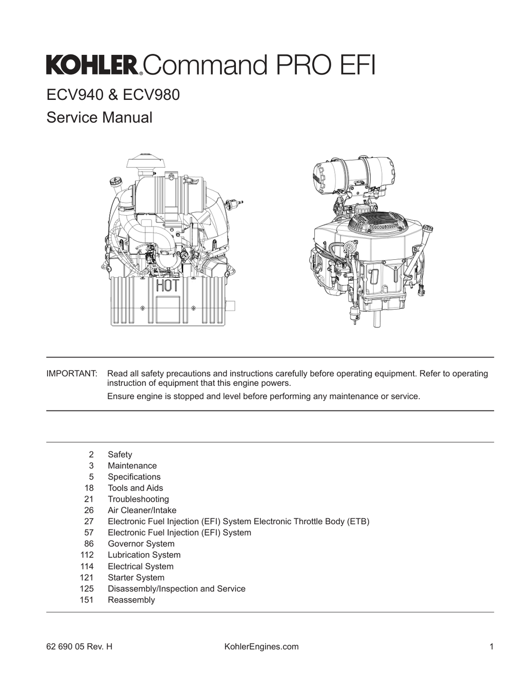 Kohler ECV940 Engine Manual COMMAND PRO EFI Service Repair Shop Parts Owner Operator Instant Download