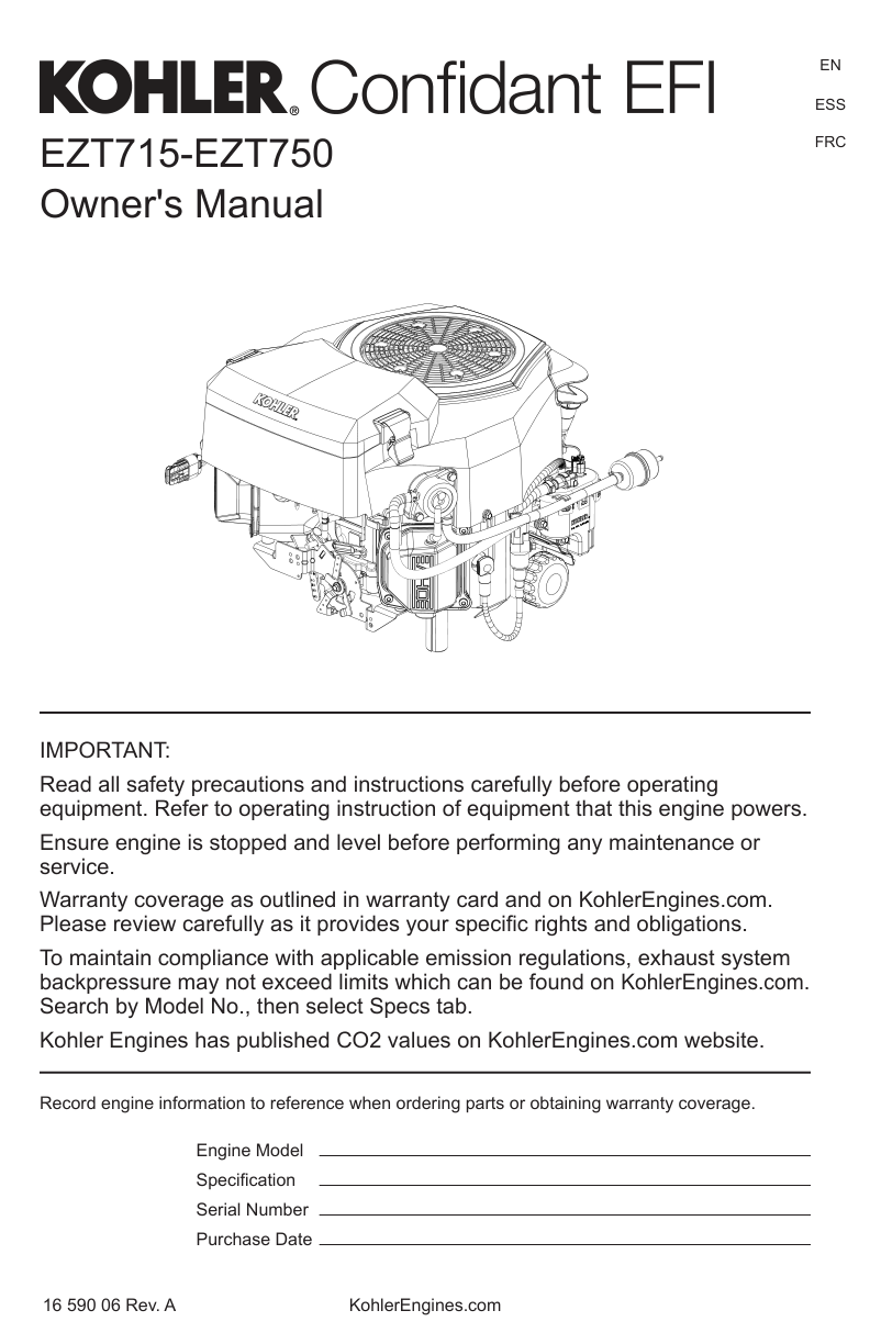 Kohler EZT750 Engine Manual CONFIDANT Service Repair Shop Parts Owner Operator Instant Download