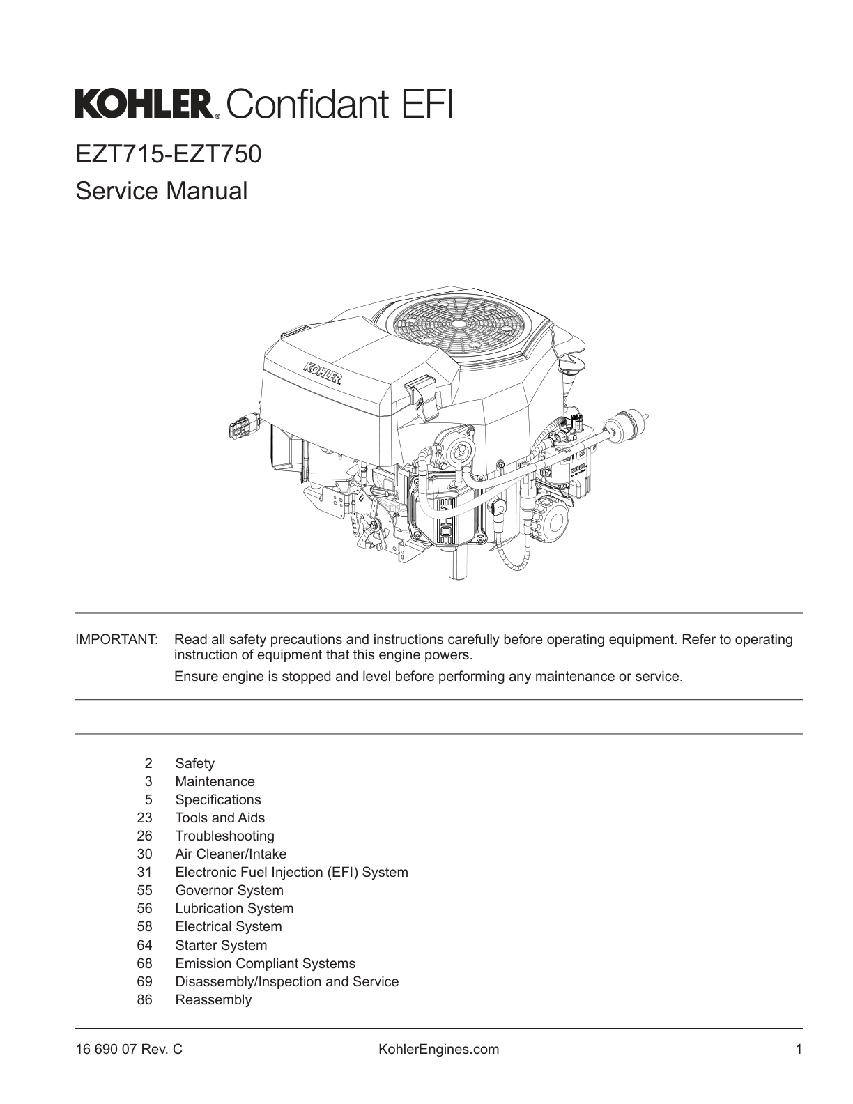 Kohler EZT750 Engine Manual CONFIDANT Service Repair Shop Parts Owner Operator Instant Download