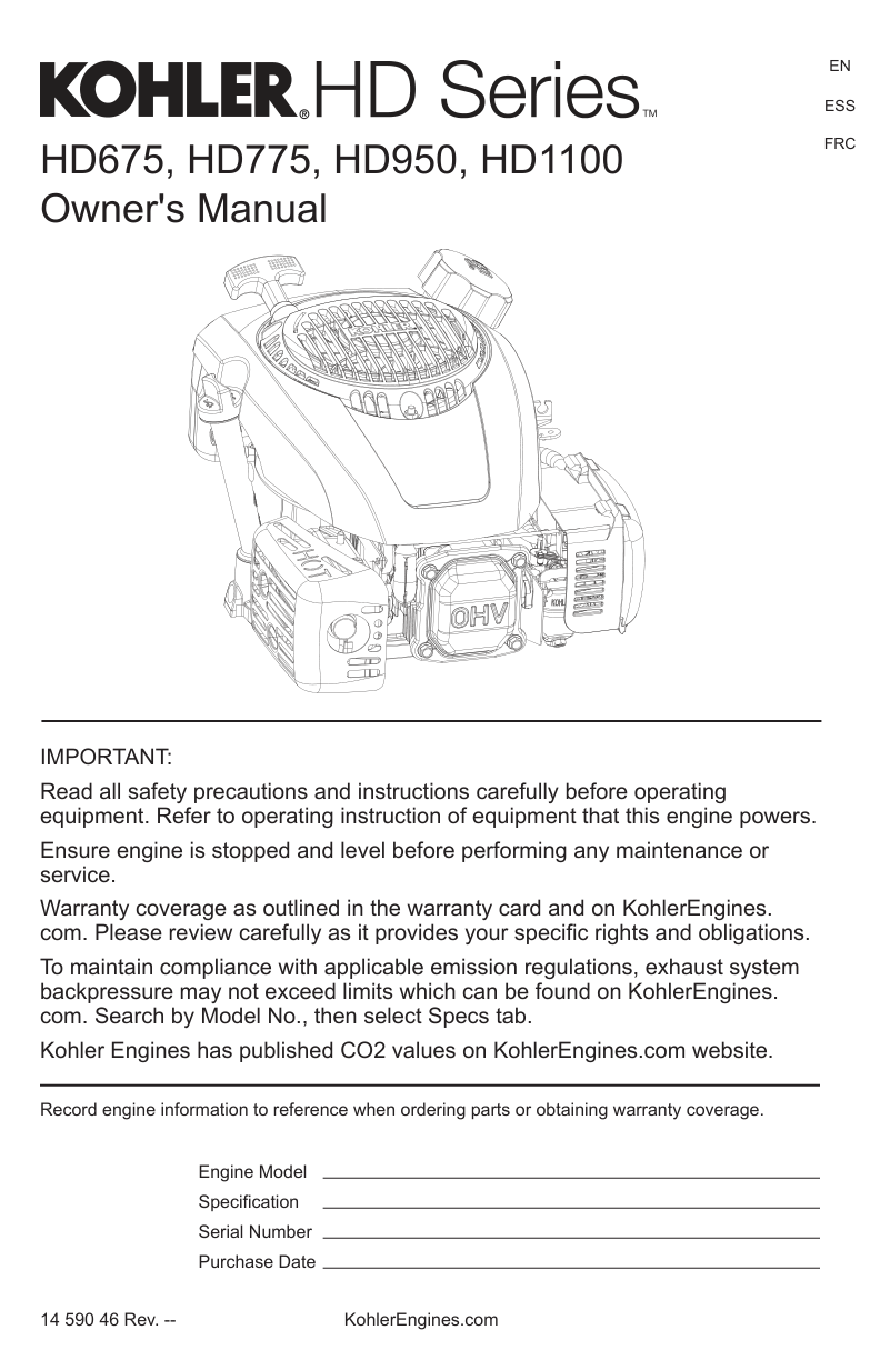 Kohler HD675 Engine Manual HD SERIES Service Repair Shop Parts Owner Operator Instant Download
