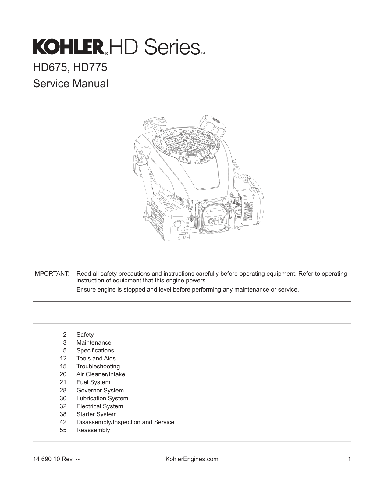 Kohler HD675 Engine Manual HD SERIES Service Repair Shop Parts Owner Operator Instant Download